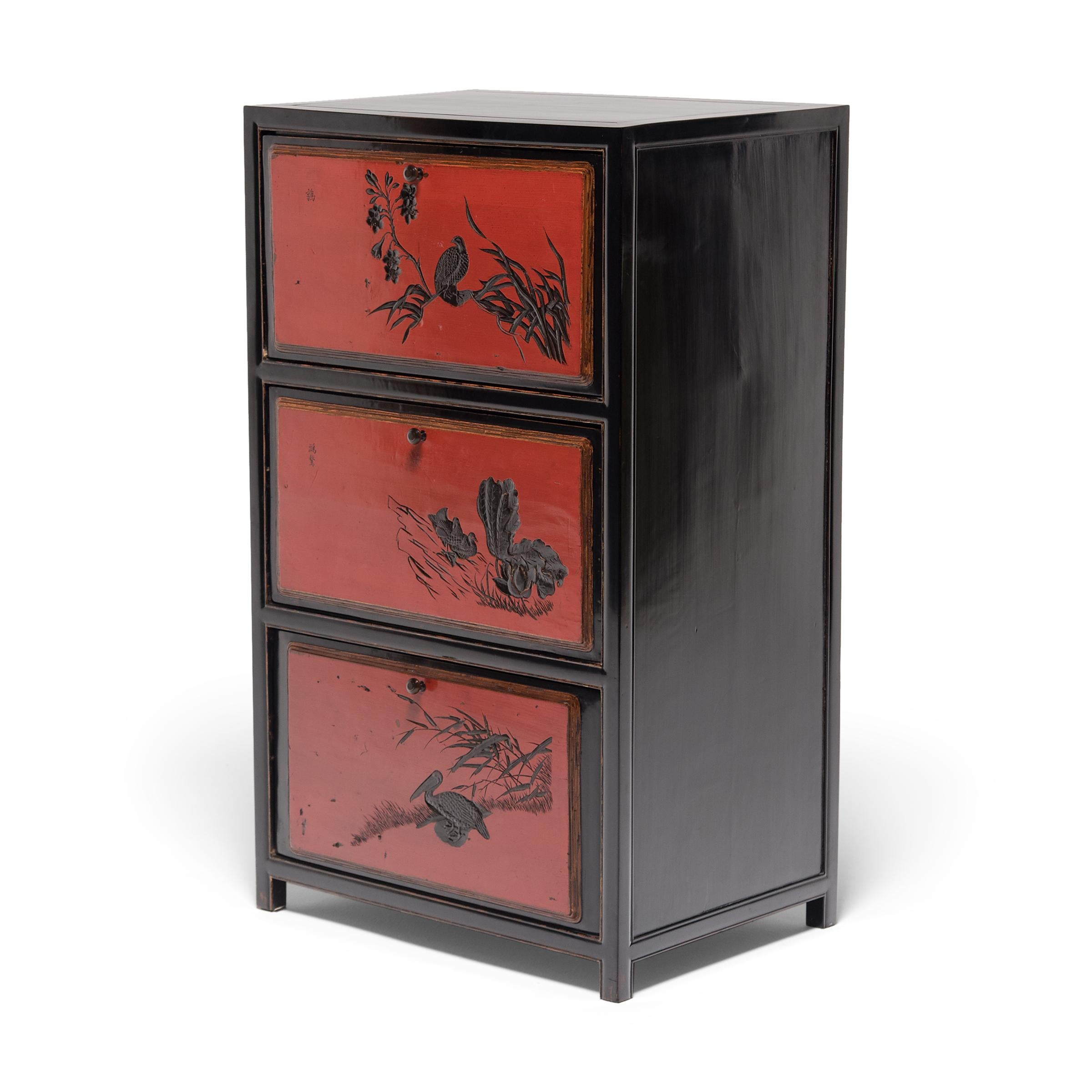 Qing Pair of Chinese Red Lacquer Cabinets with Poetic Pairings, circa 1900 For Sale