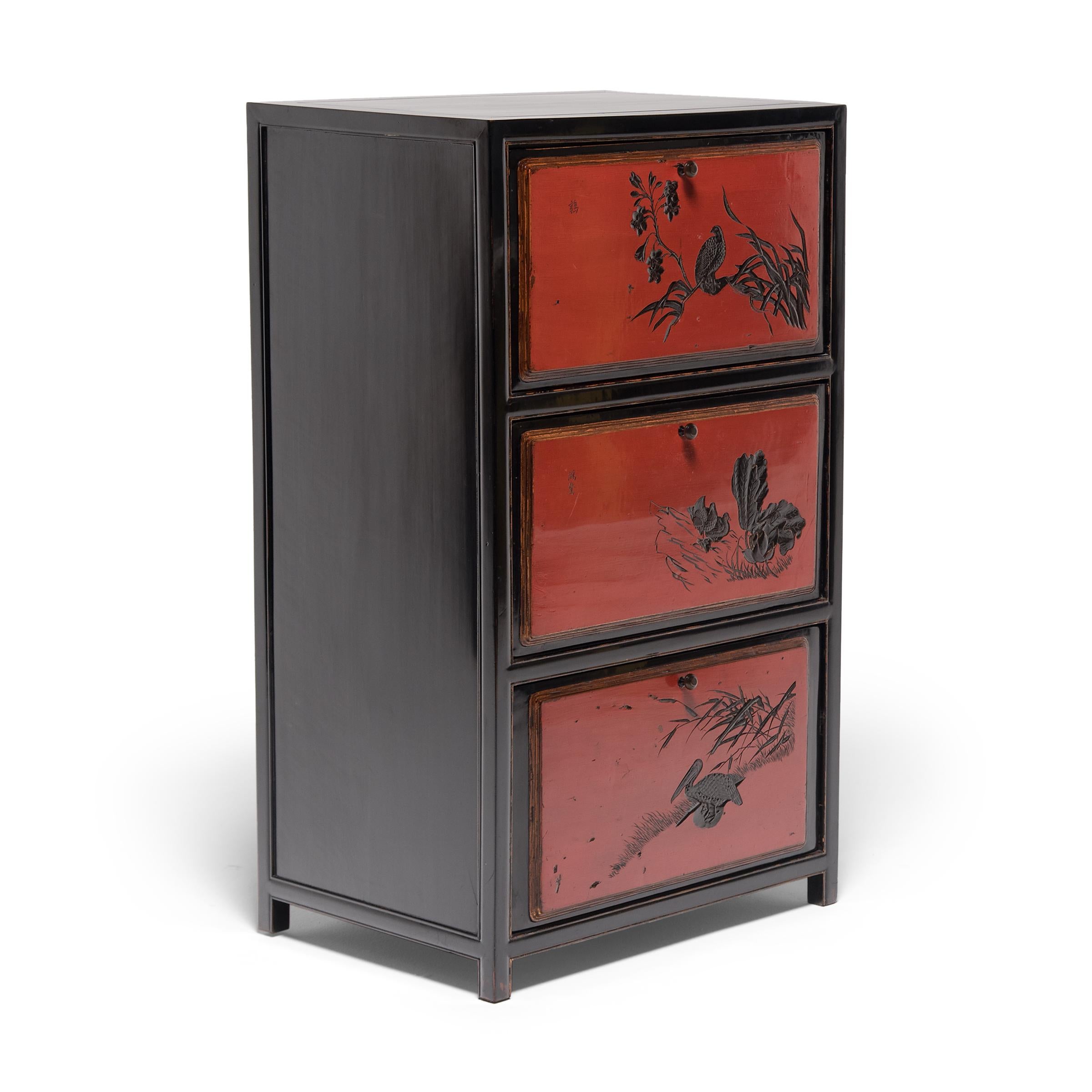 Pair of Chinese Red Lacquer Cabinets with Poetic Pairings, circa 1900 In Good Condition For Sale In Chicago, IL