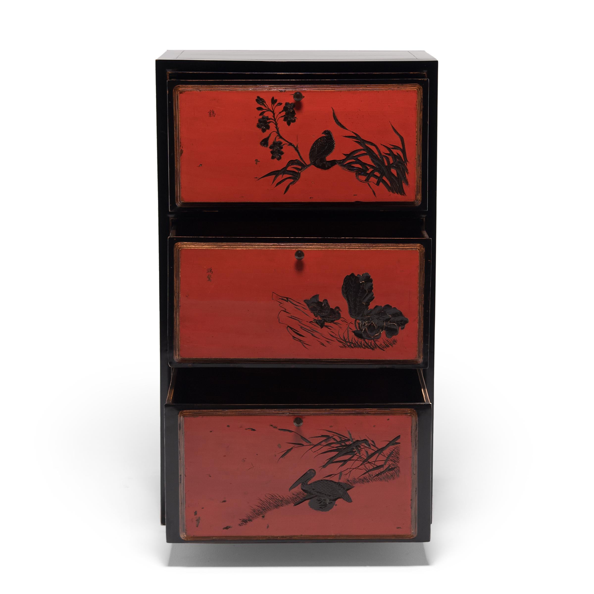 20th Century Pair of Chinese Red Lacquer Cabinets with Poetic Pairings, circa 1900 For Sale