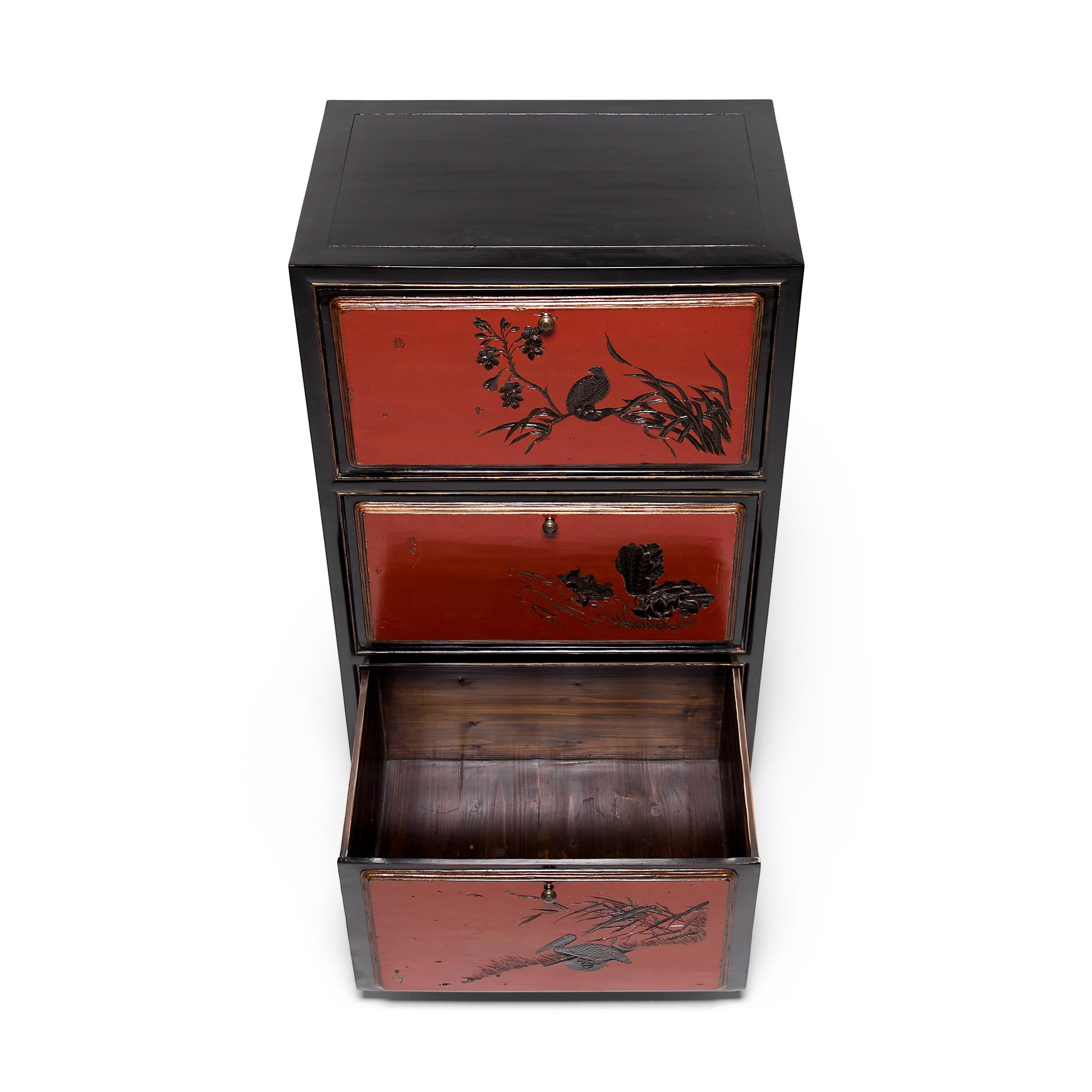 Elm Pair of Chinese Red Lacquer Cabinets with Poetic Pairings, circa 1900 For Sale