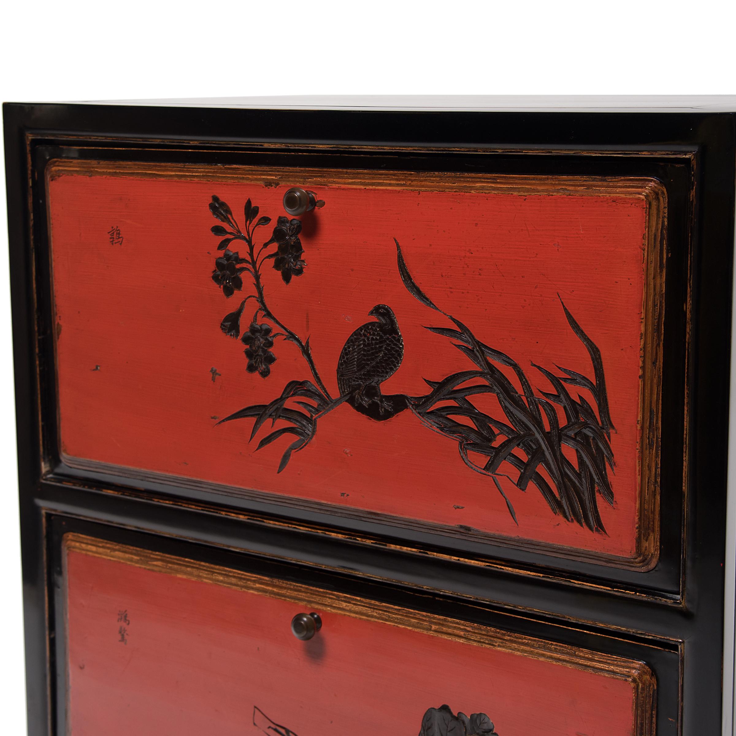 Pair of Chinese Red Lacquer Cabinets with Poetic Pairings, circa 1900 For Sale 1