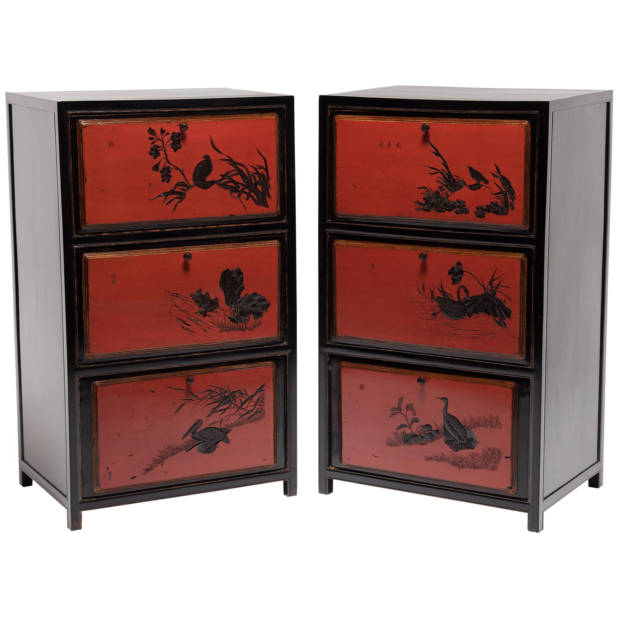 Pair of Chinese Red Lacquer Cabinets with Poetic Pairings, circa 1900