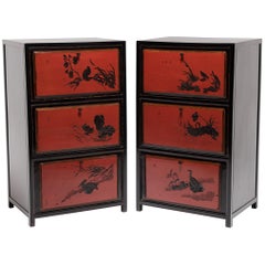 Pair of Chinese Red Lacquer Cabinets with Poetic Pairings, circa 1900