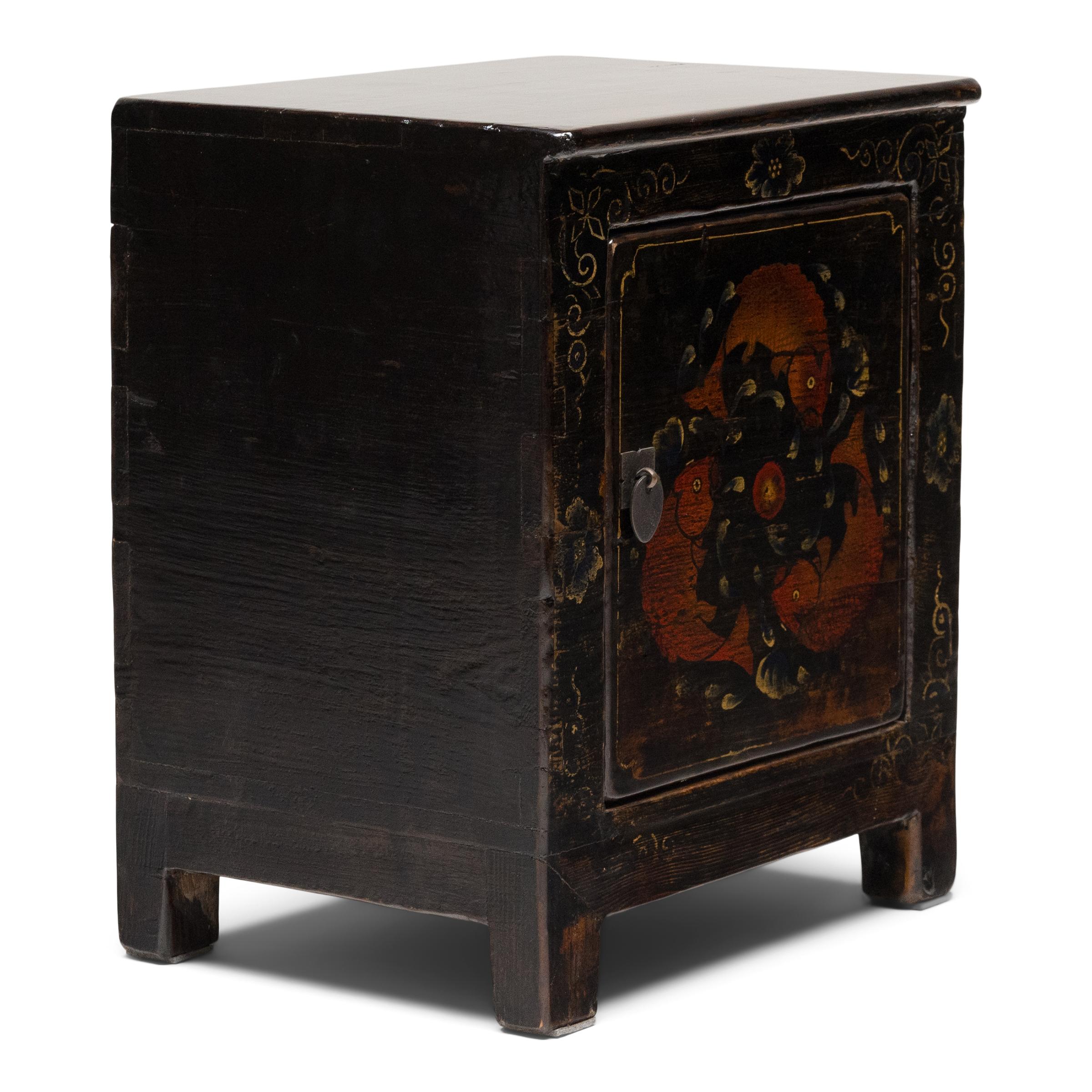 Lacquered Pair of Chinese Three Koi Cabinets, c. 1900