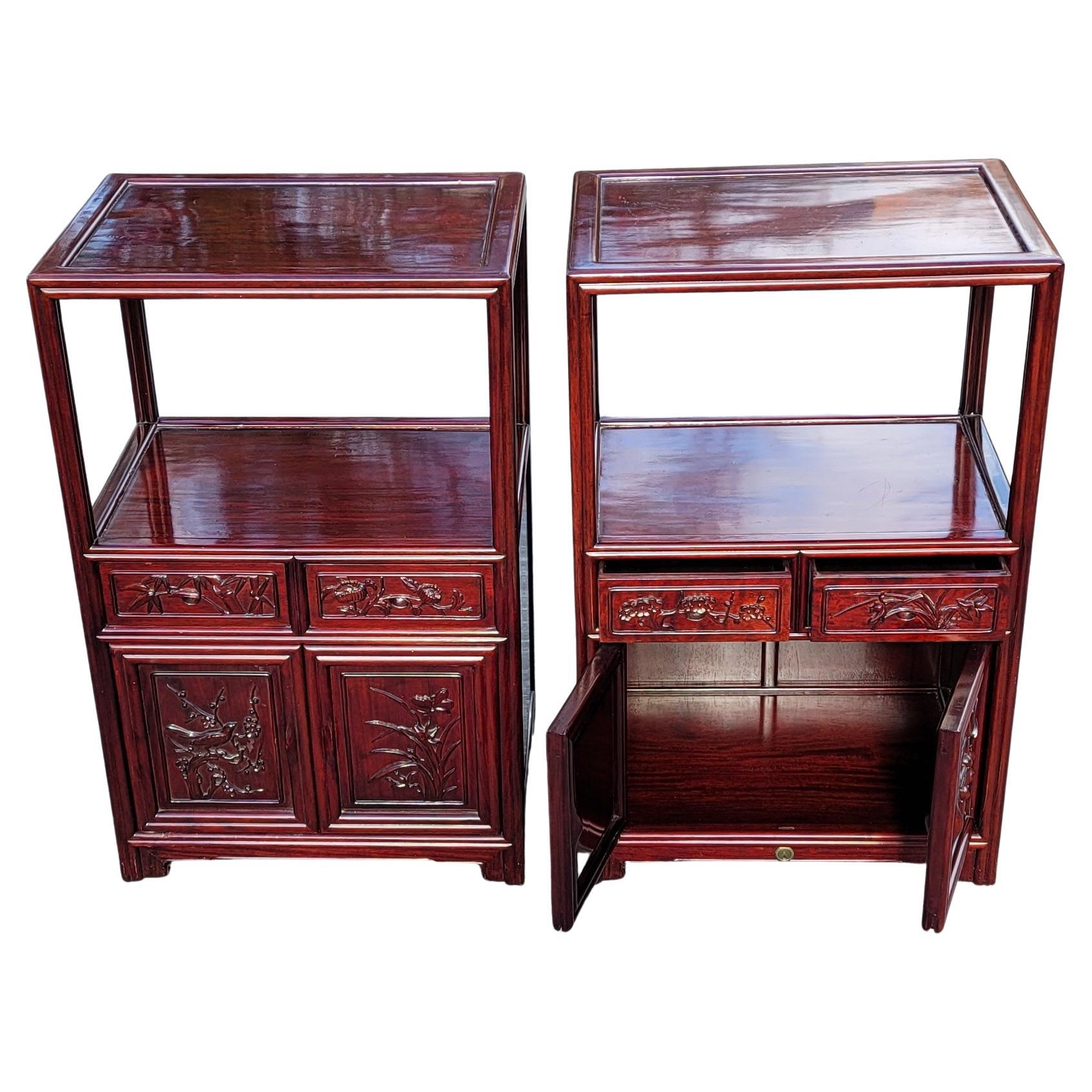 Pair of Chinese Tiered Teak Carved Side Tables Cabinets For Sale 4