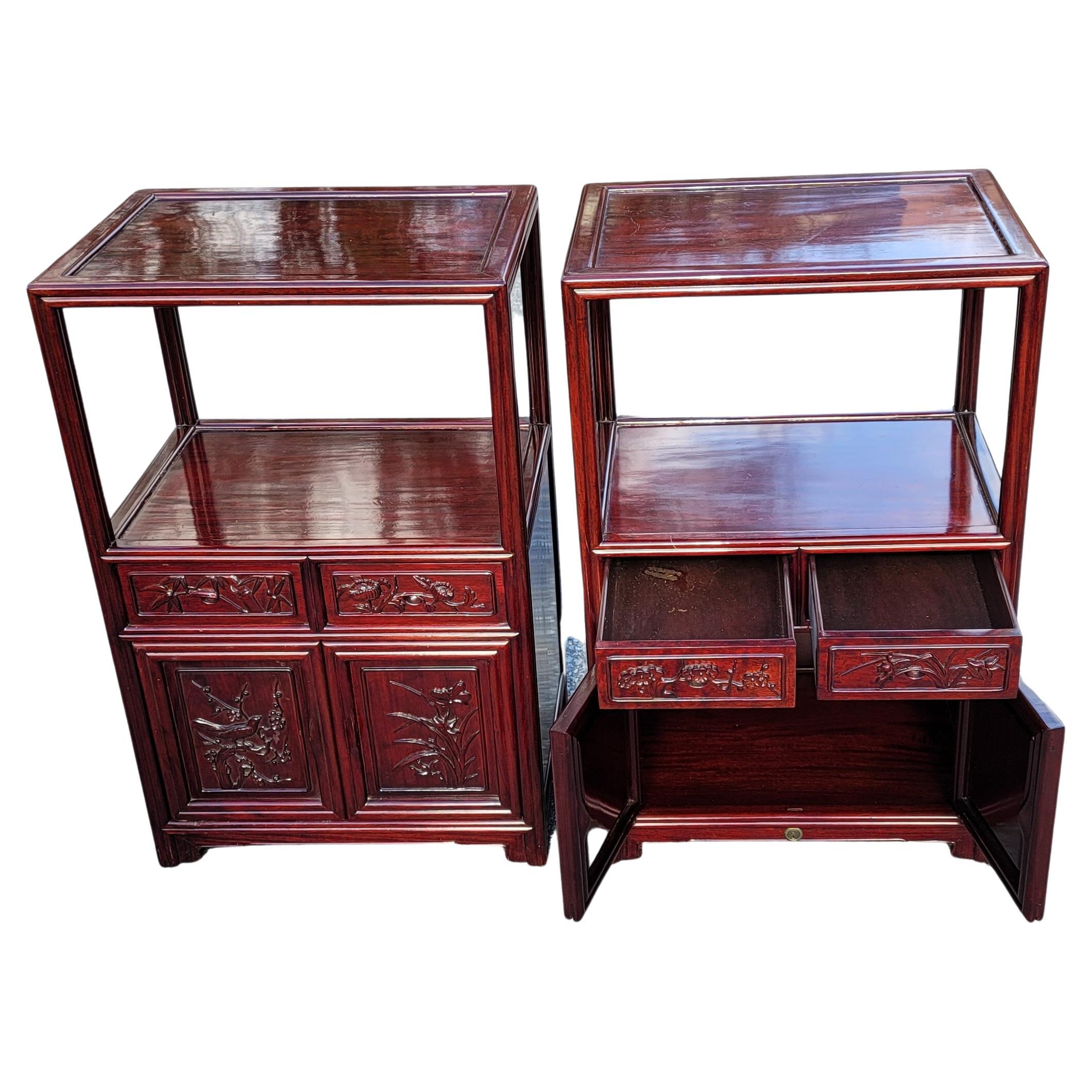 Pair of Chinese Tiered Teak Carved Side Tables Cabinets For Sale 5
