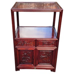 Pair of Chinese Tiered Teak Carved Side Tables Cabinets