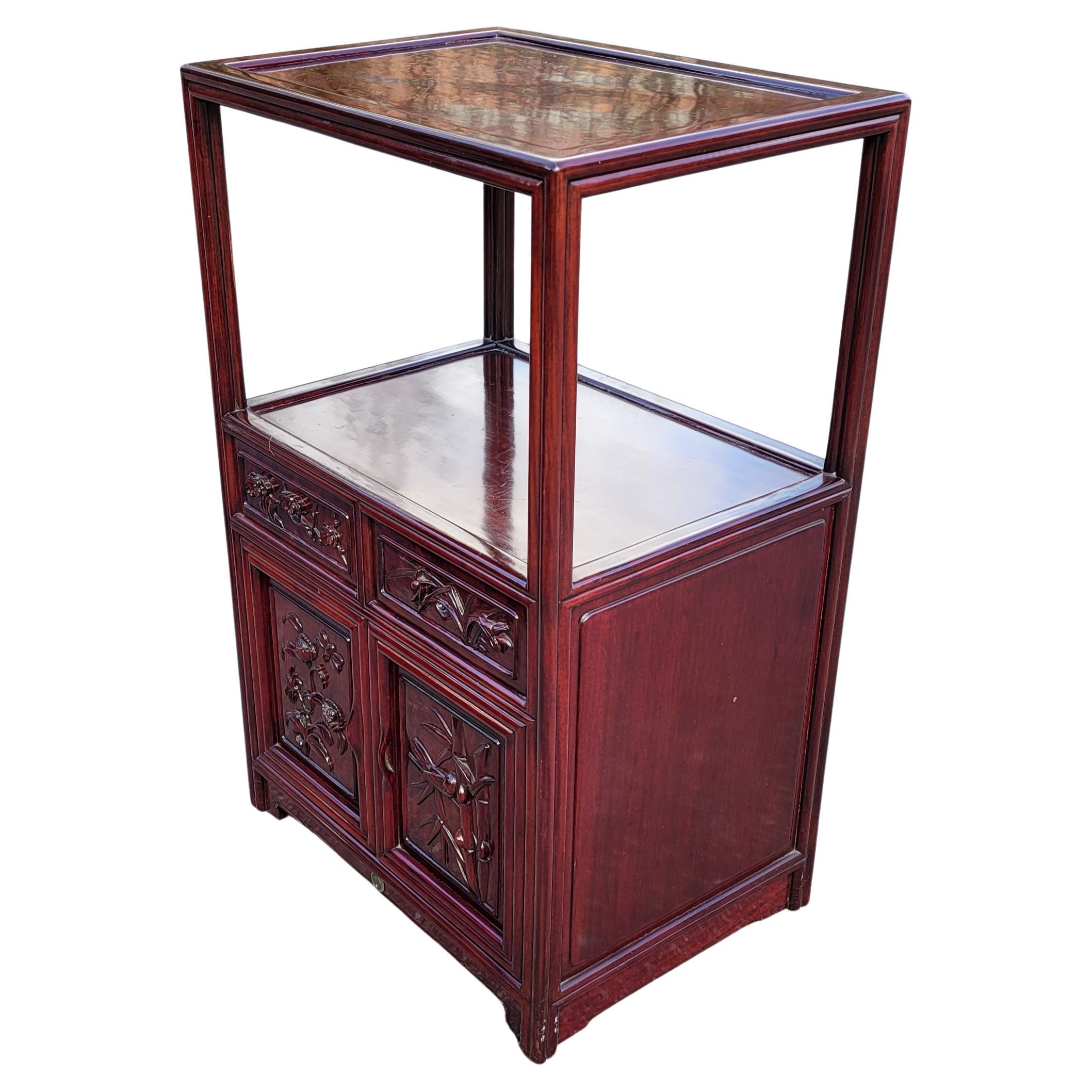 Chinese Export Pair of Chinese Tiered Teak Carved Side Tables Cabinets For Sale