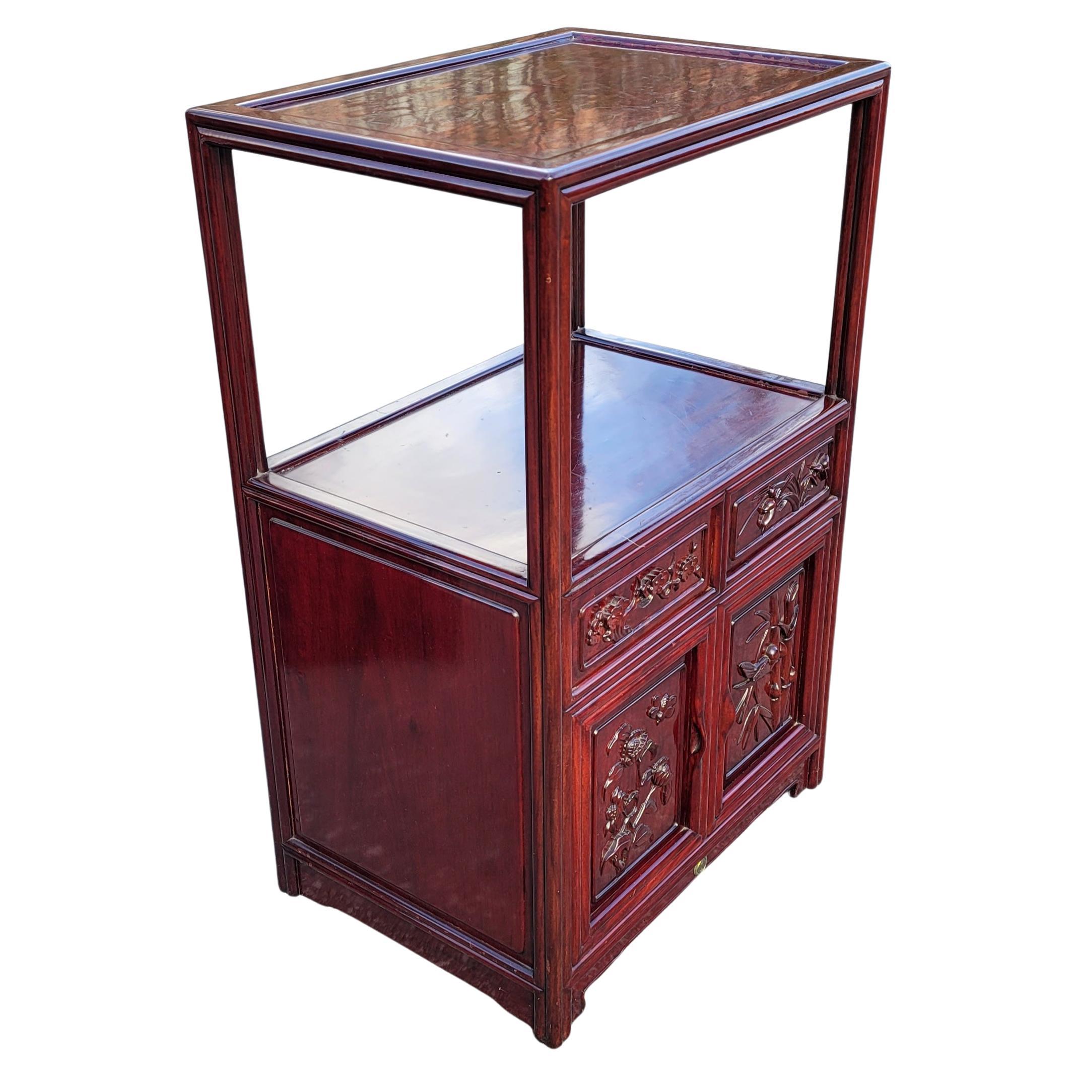 Hong Kong Pair of Chinese Tiered Teak Carved Side Tables Cabinets For Sale