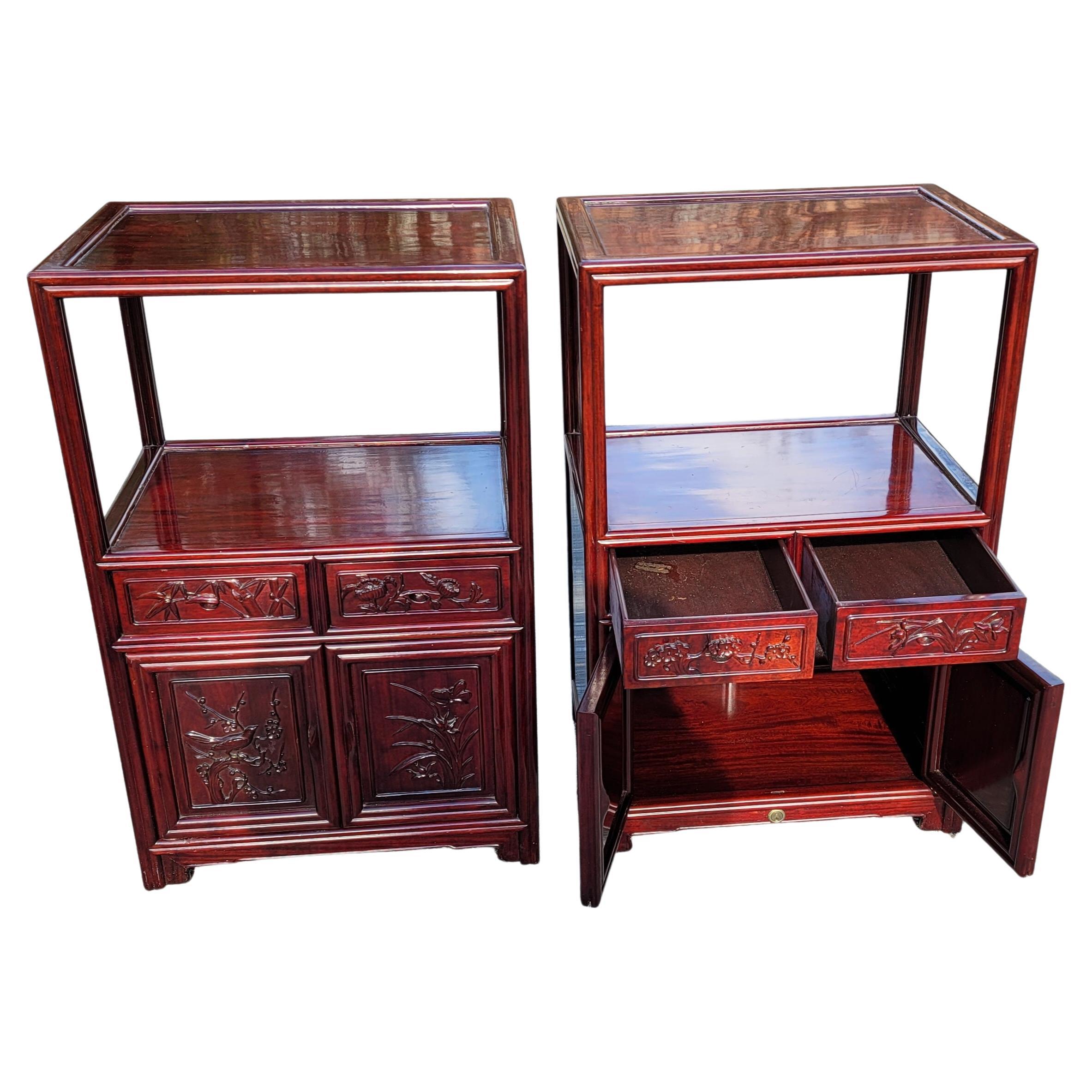 20th Century Pair of Chinese Tiered Teak Carved Side Tables Cabinets For Sale