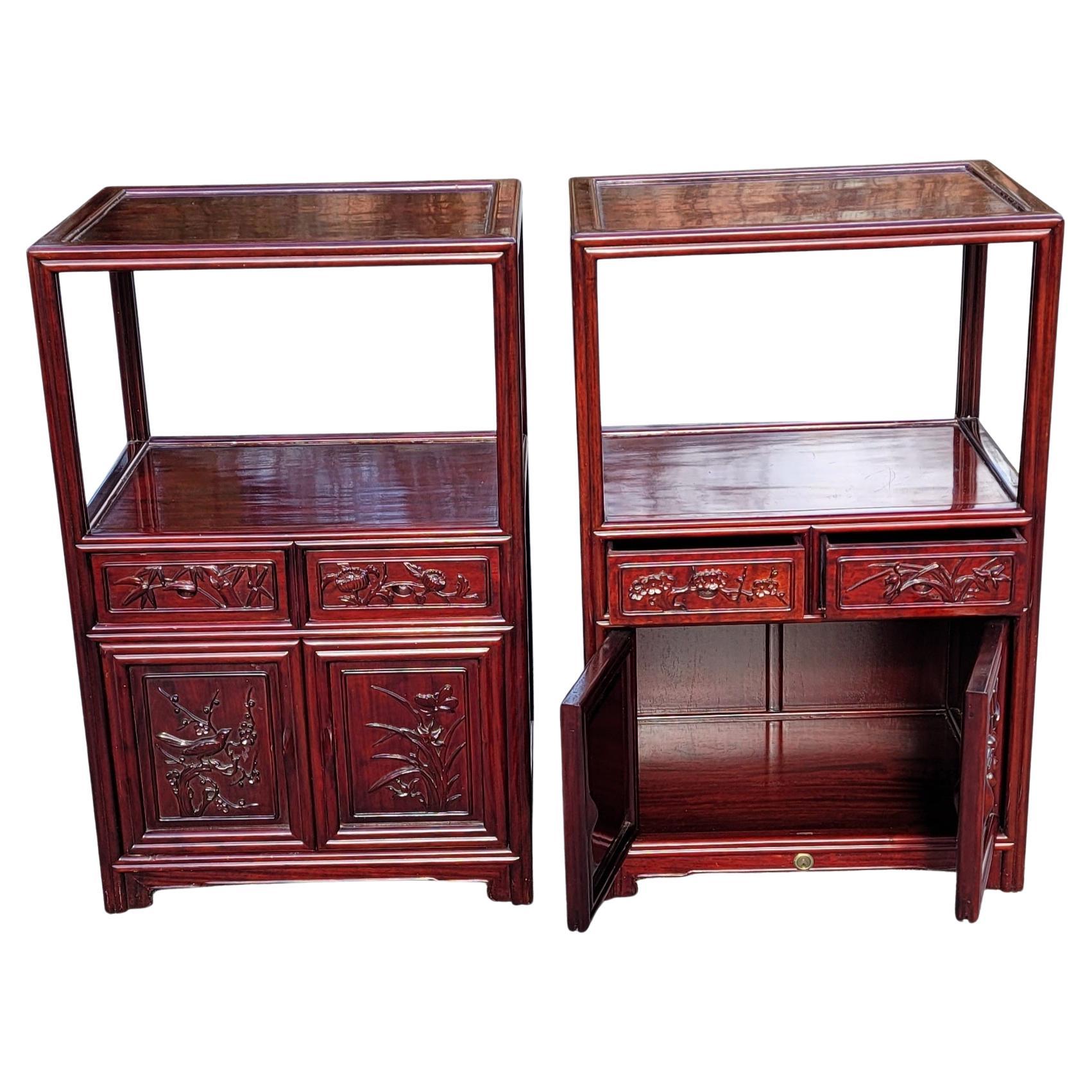 Pair of Chinese Tiered Teak Carved Side Tables Cabinets For Sale 1