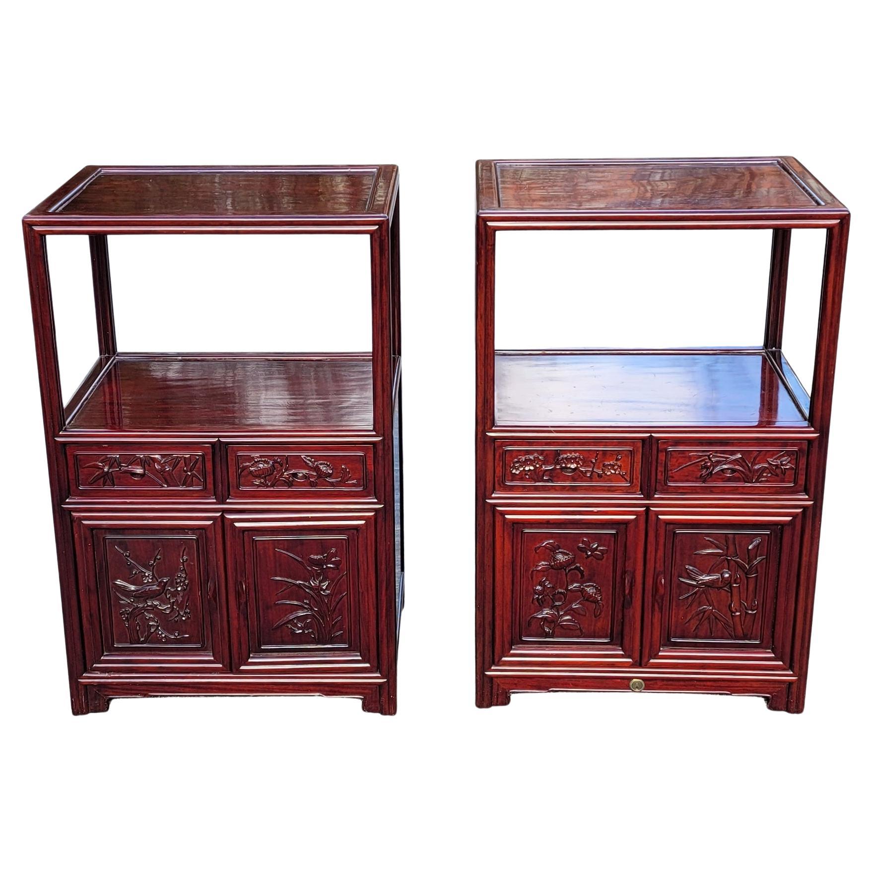 Pair of Chinese Tiered Teak Carved Side Tables Cabinets For Sale
