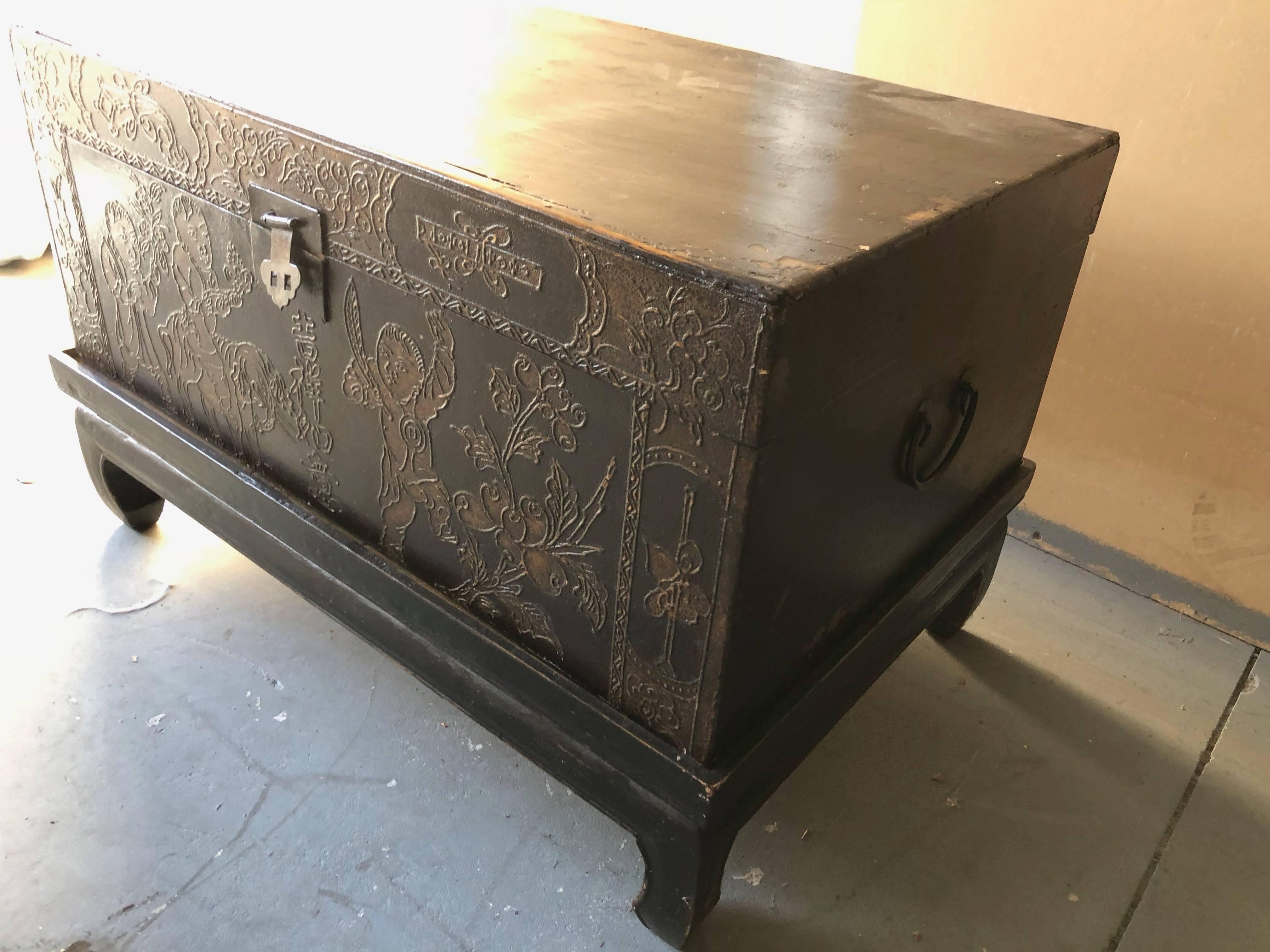 Wood Pair of Chinese Trunks with Stands Tables