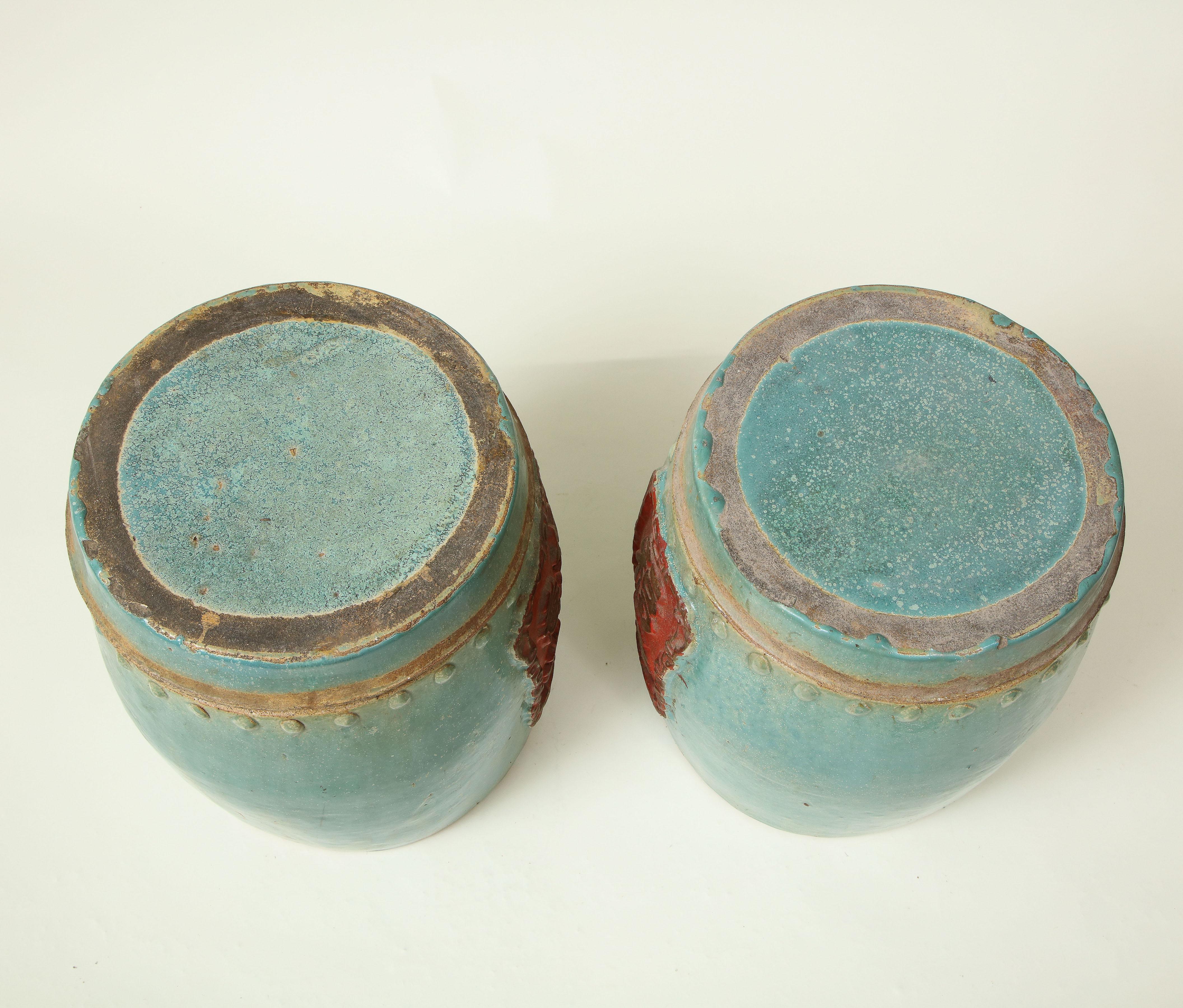 Pair of Chinese Turquoise and Red Lidded Canisters 7