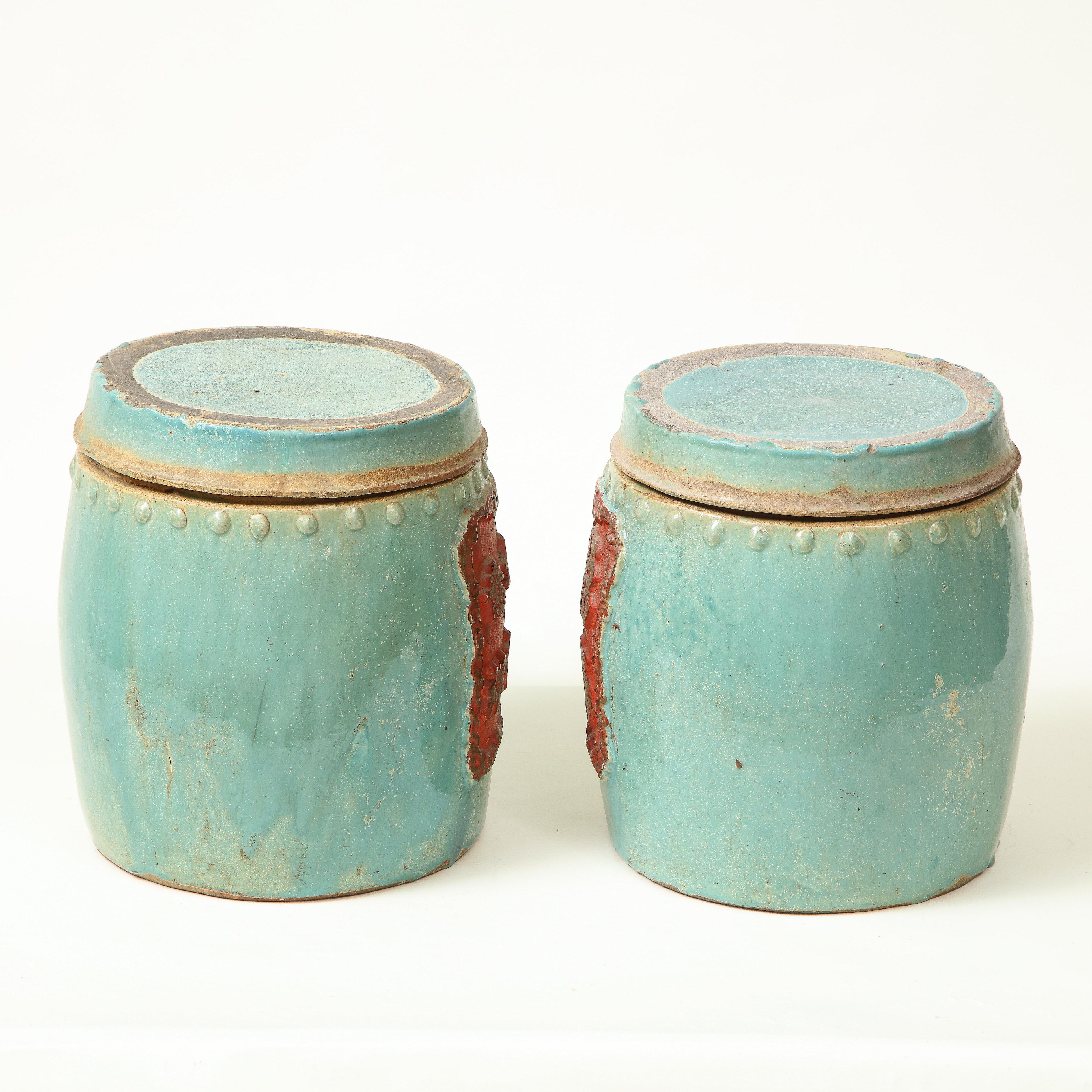 Pair of Chinese Turquoise and Red Lidded Canisters 9