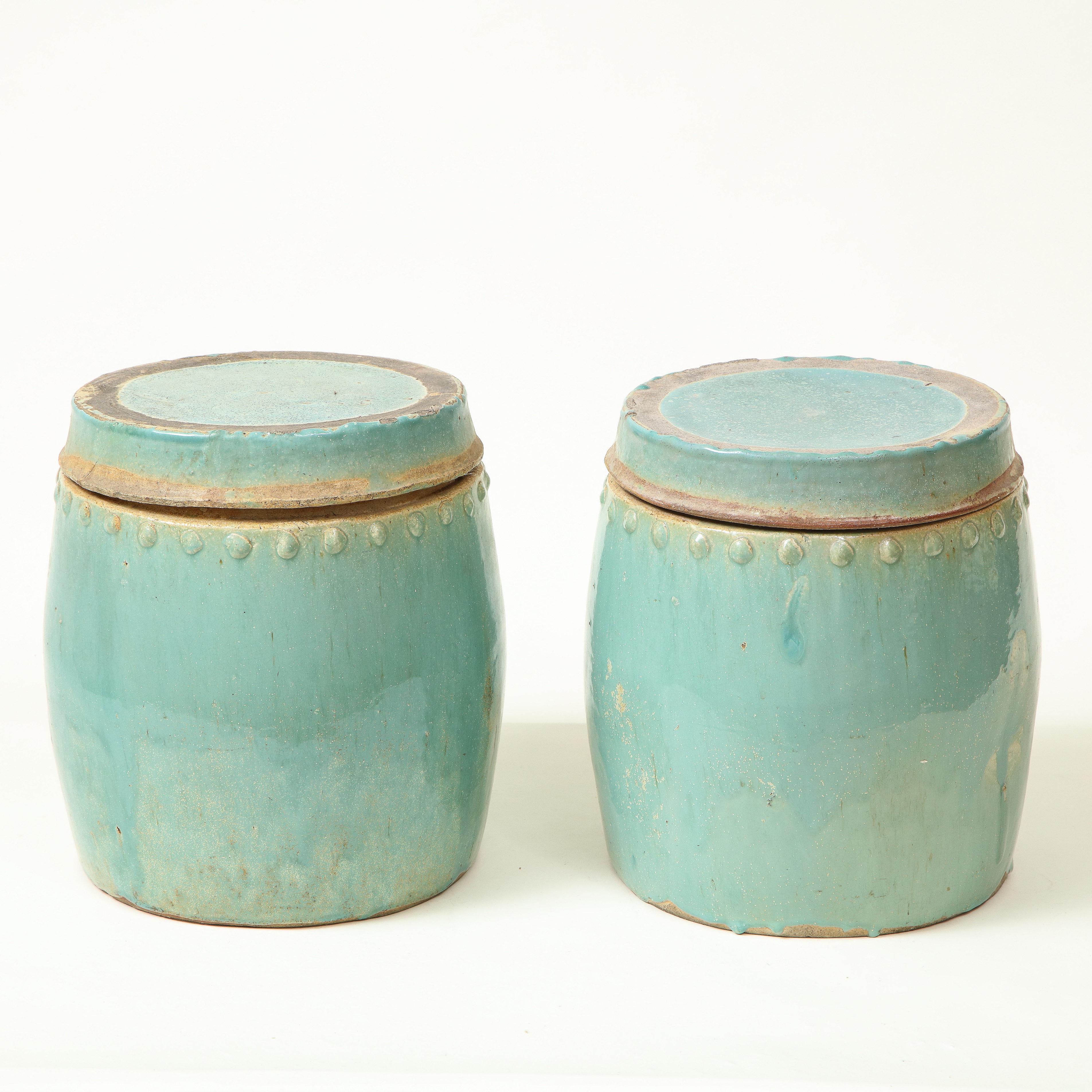 Pair of Chinese Turquoise and Red Lidded Canisters 10