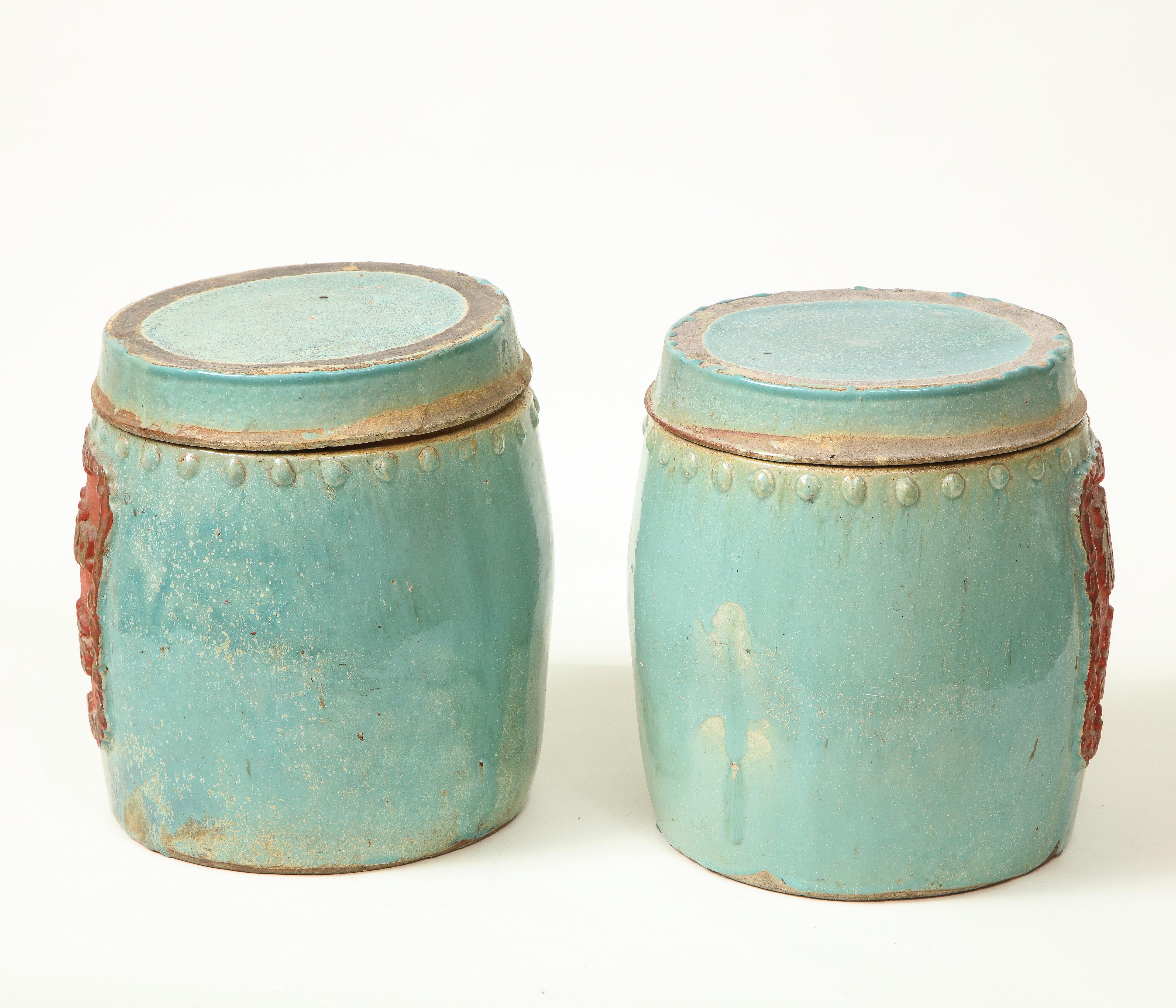 Pair of Chinese Turquoise and Red Lidded Canisters 11