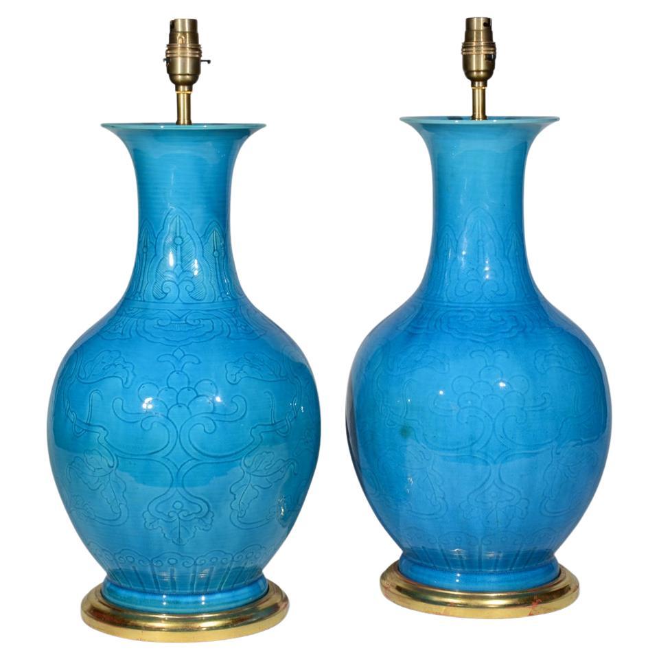 Pair of Chinese Turquoise Glazed Baluster Table Lamps For Sale