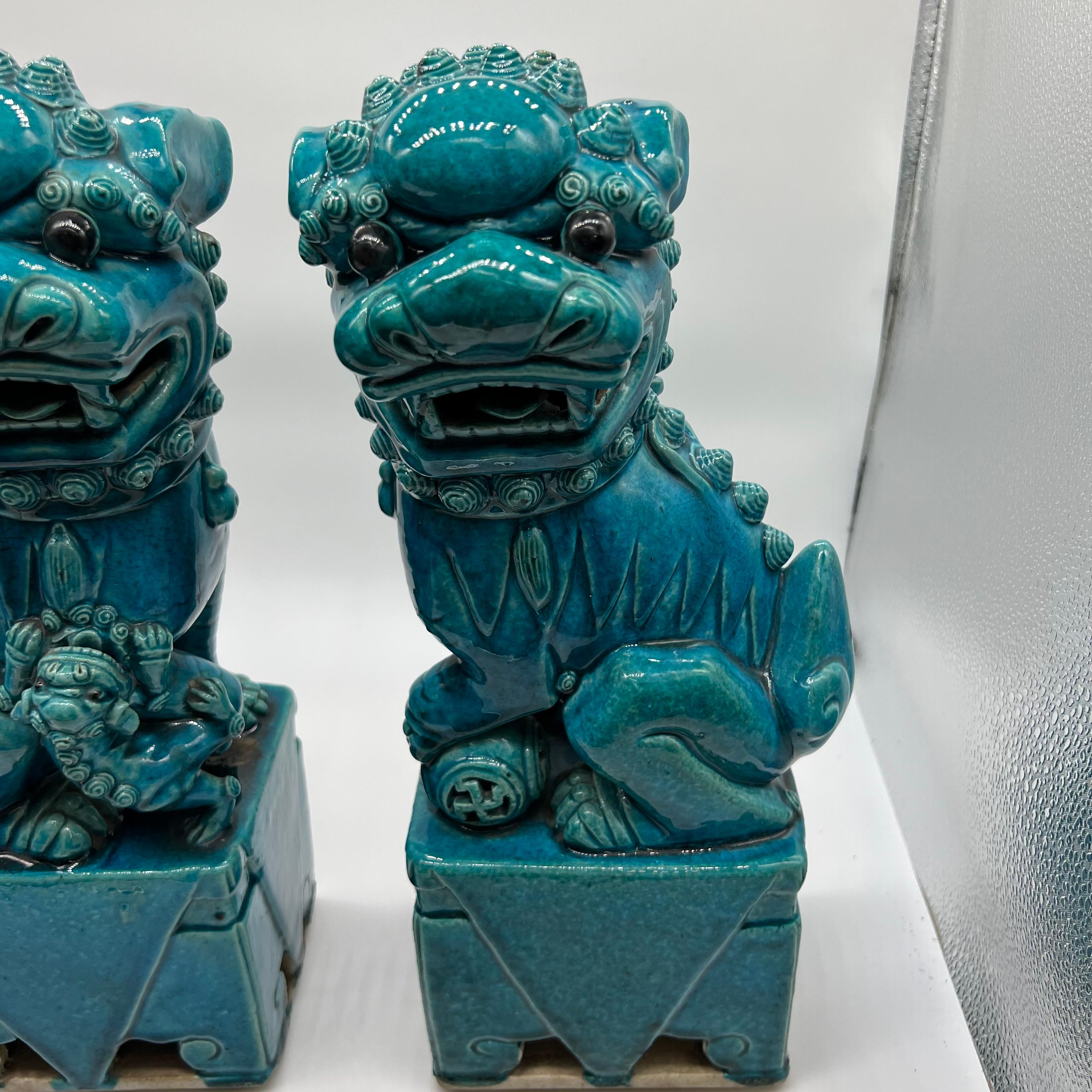 19th Century Pair of Chinese Turquoise Glazed Foo Dogs, circa 1880 For Sale