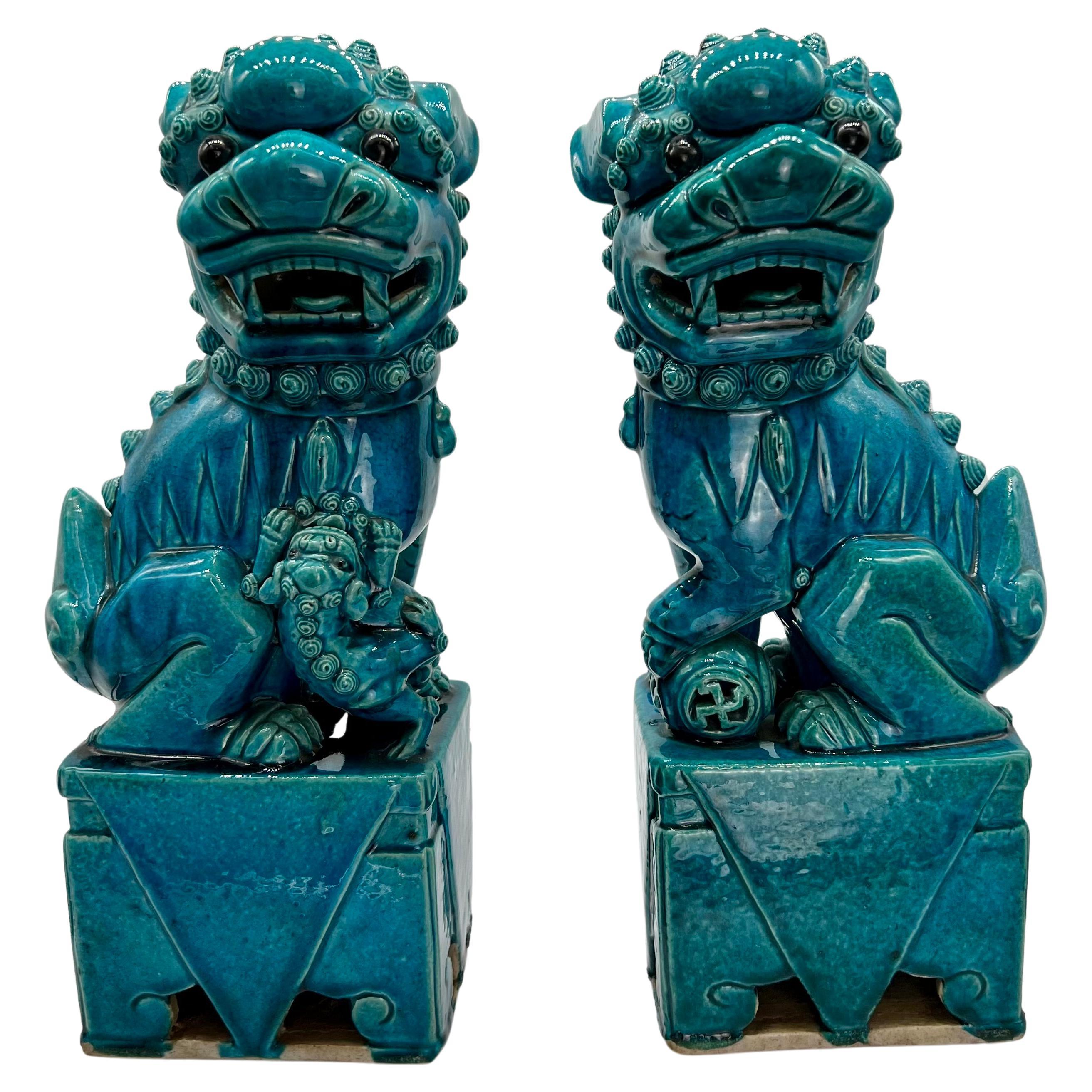 Pair of Chinese Turquoise Glazed Foo Dogs, circa 1880 For Sale