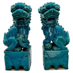 Antique Pair of Chinese Turquoise Glazed Foo Dogs, circa 1880