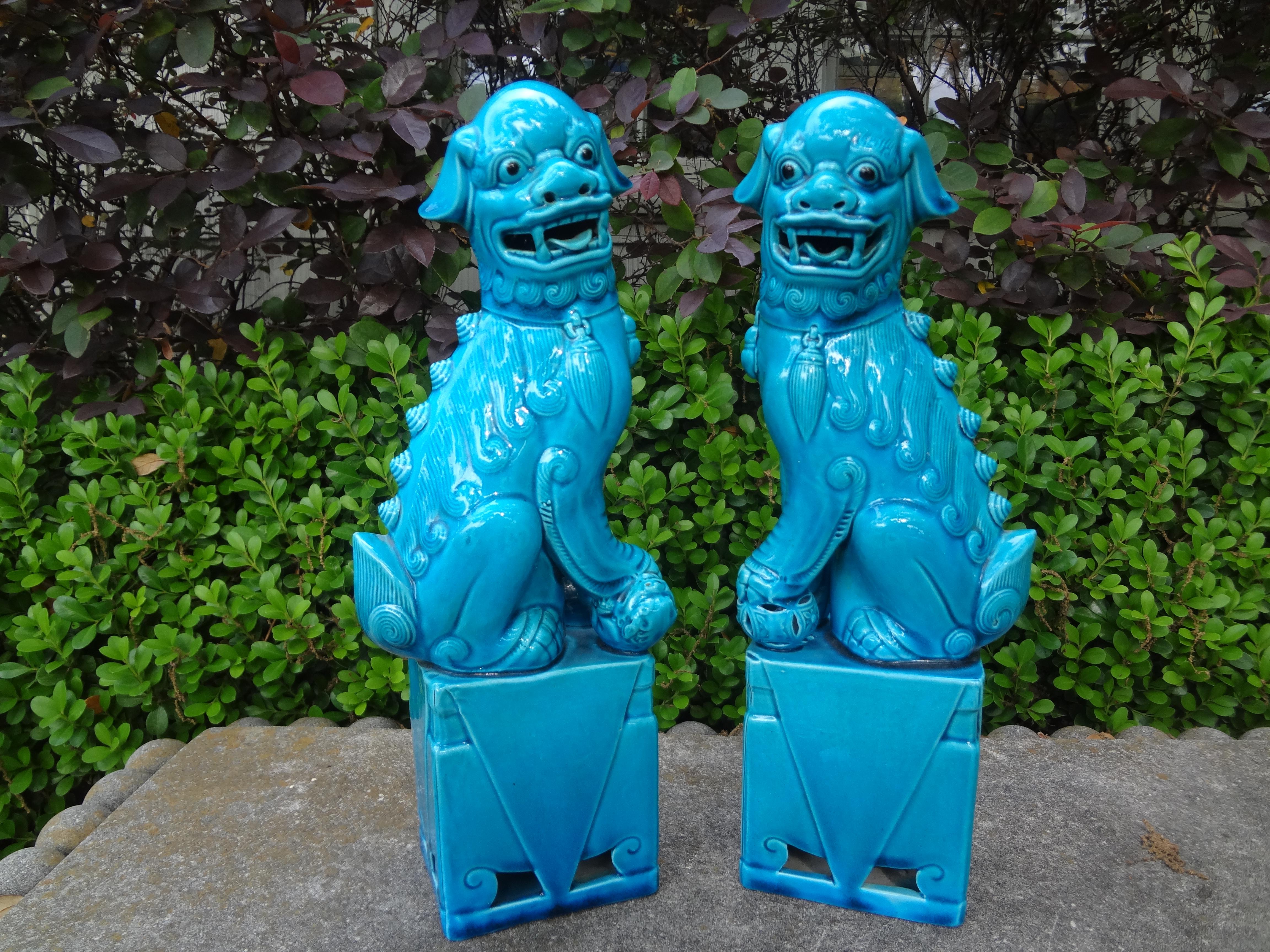 Pair Of Chinese Turquoise Glazed Porcelain Foo Dogs For Sale 7