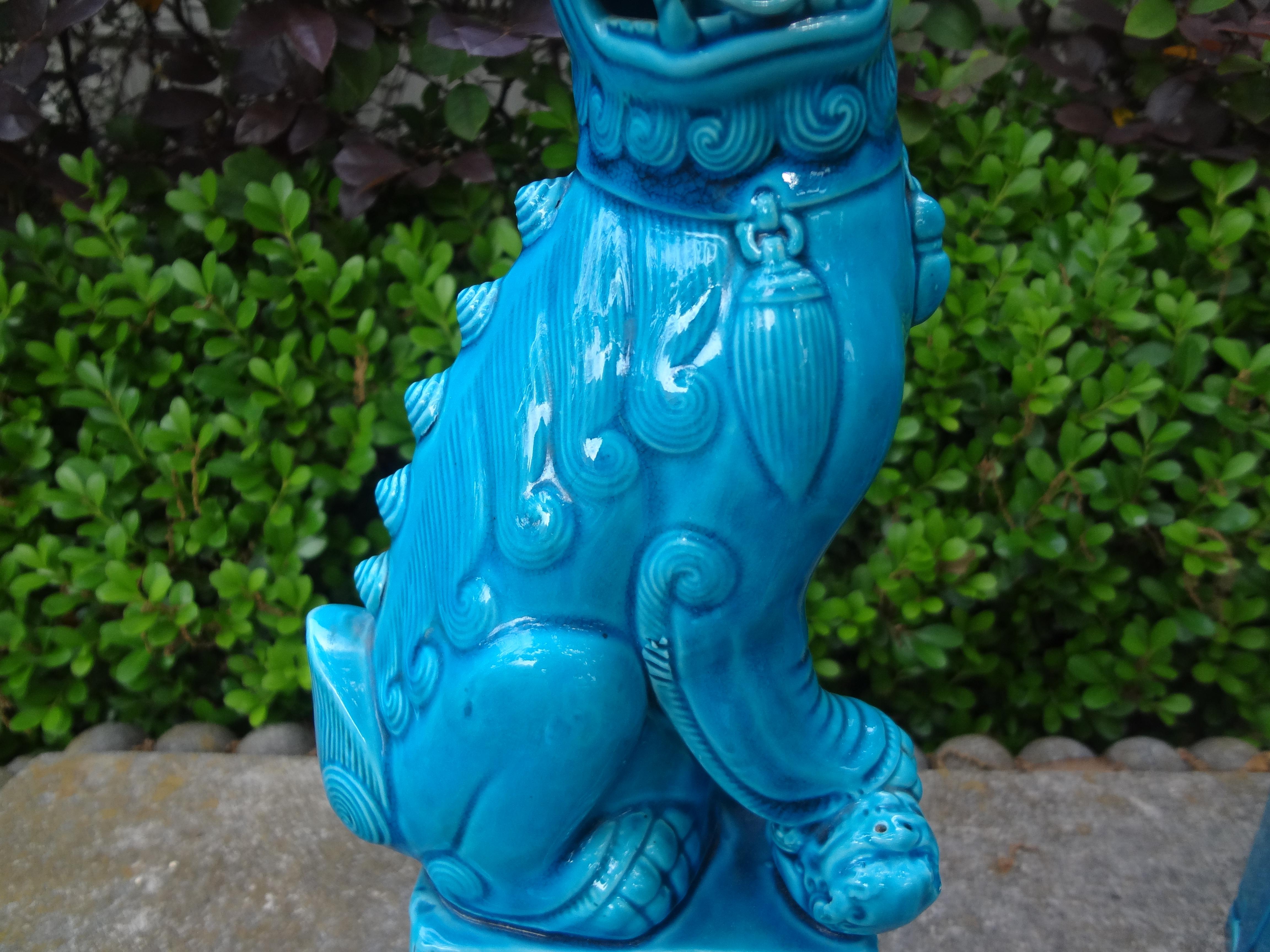 Pair Of Chinese Turquoise Glazed Porcelain Foo Dogs For Sale 1