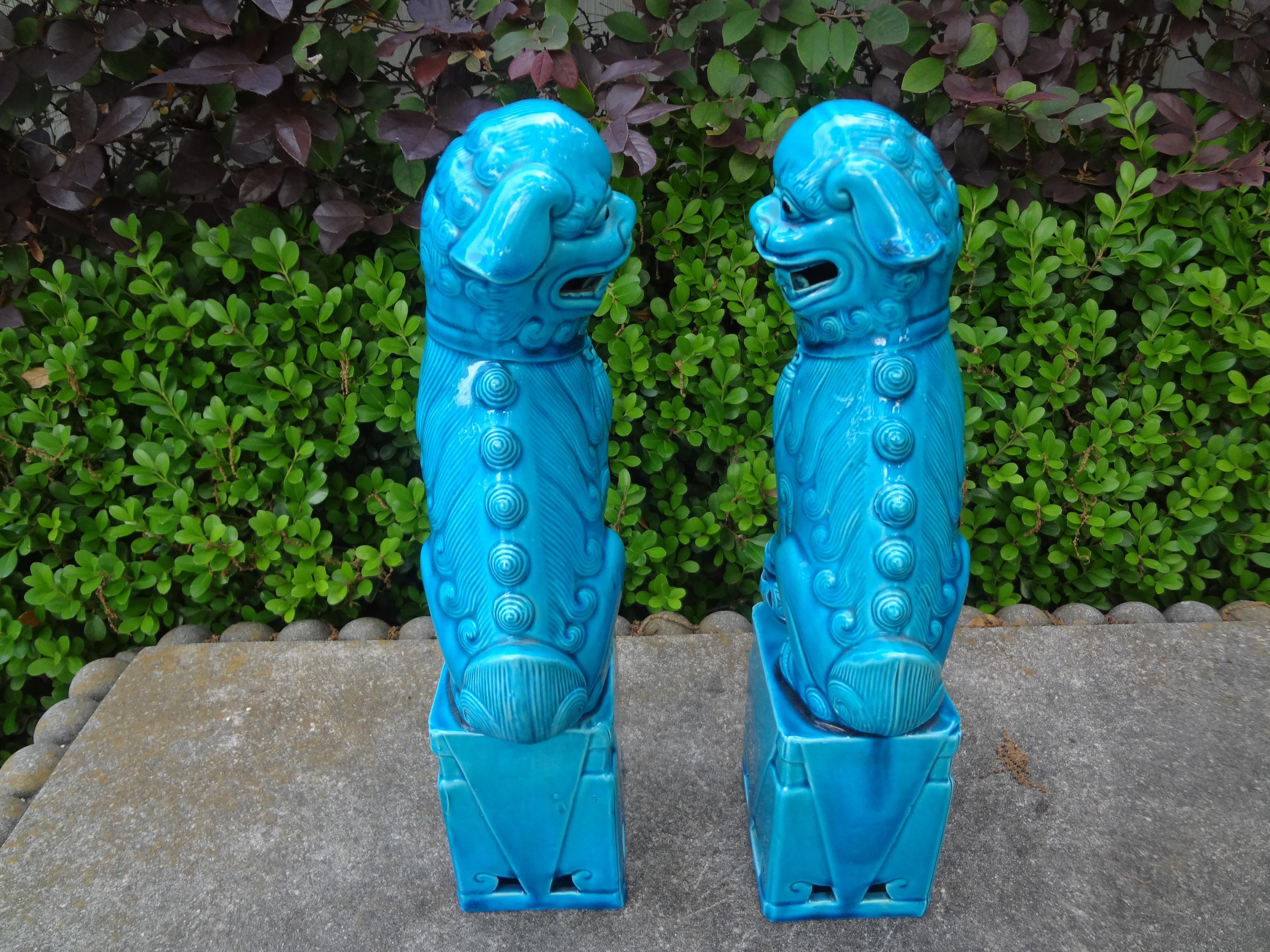Pair Of Chinese Turquoise Glazed Porcelain Foo Dogs For Sale 4