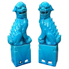 Vintage Pair Of Chinese Turquoise Glazed Porcelain Foo Dogs
