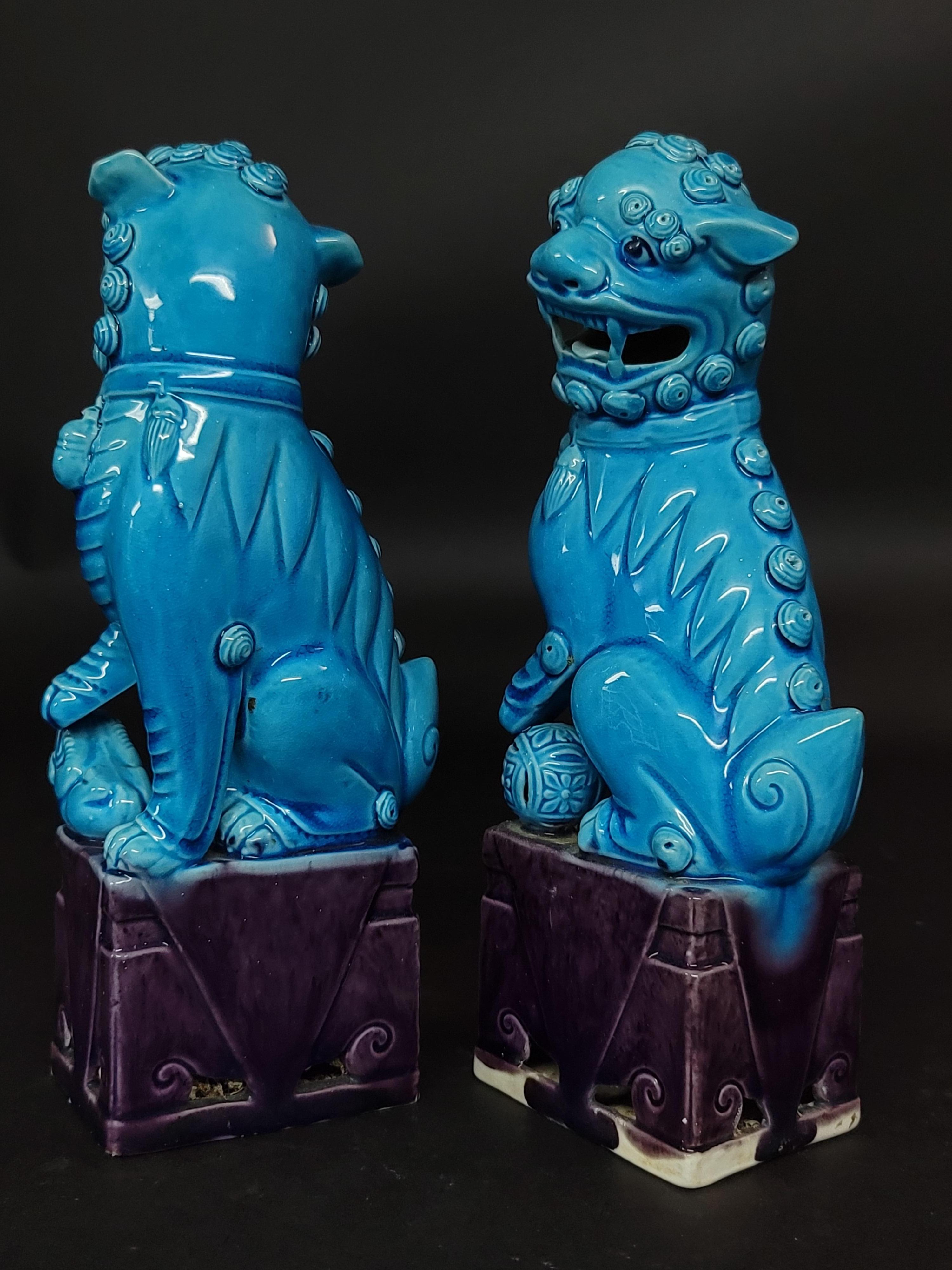 Pair of Chinese Turquoise Glazed Porcelain Mounted Foo Dogs #2 5