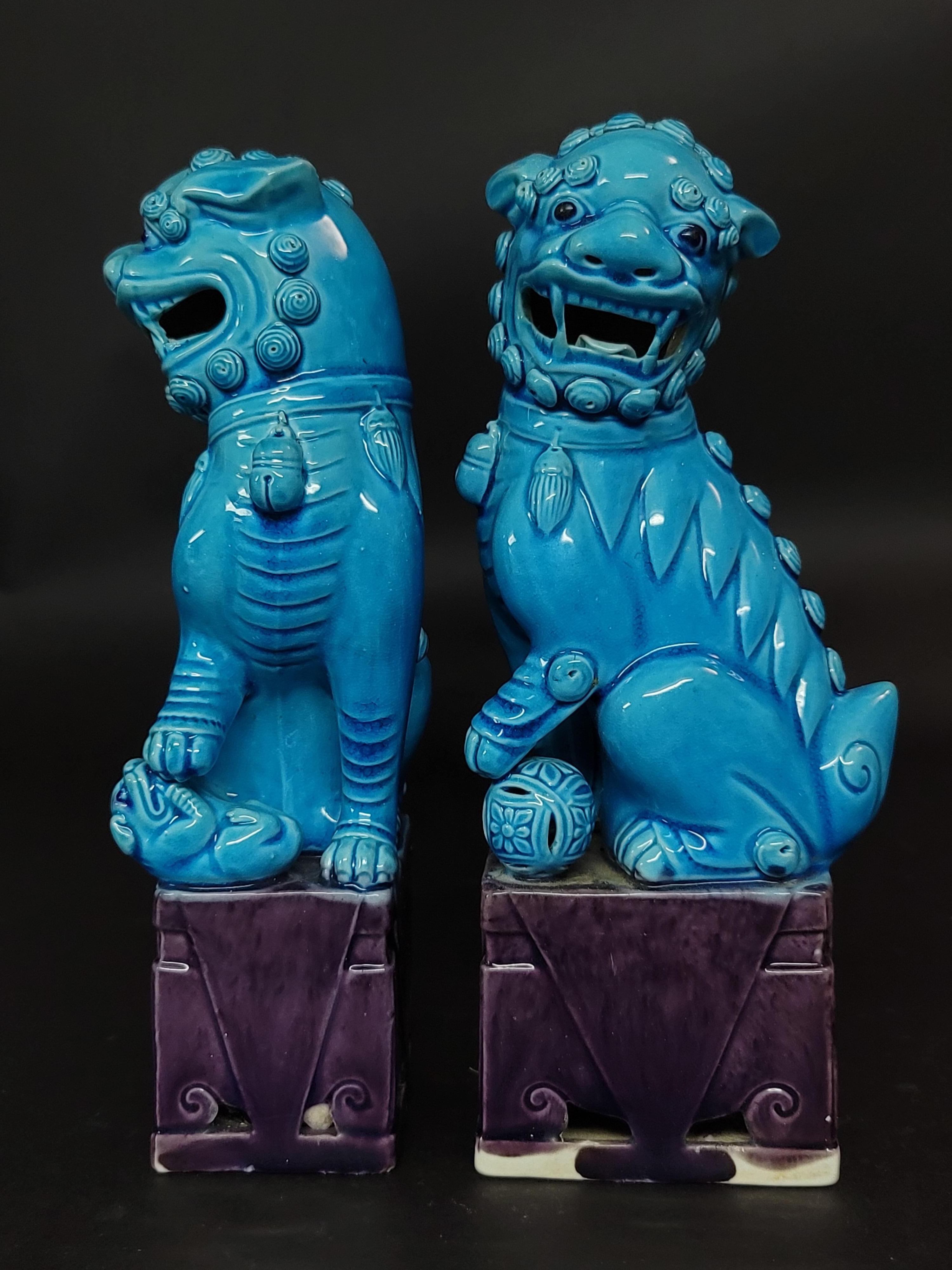 Pair of Chinese Turquoise Glazed Porcelain Mounted Foo Dogs #2 6