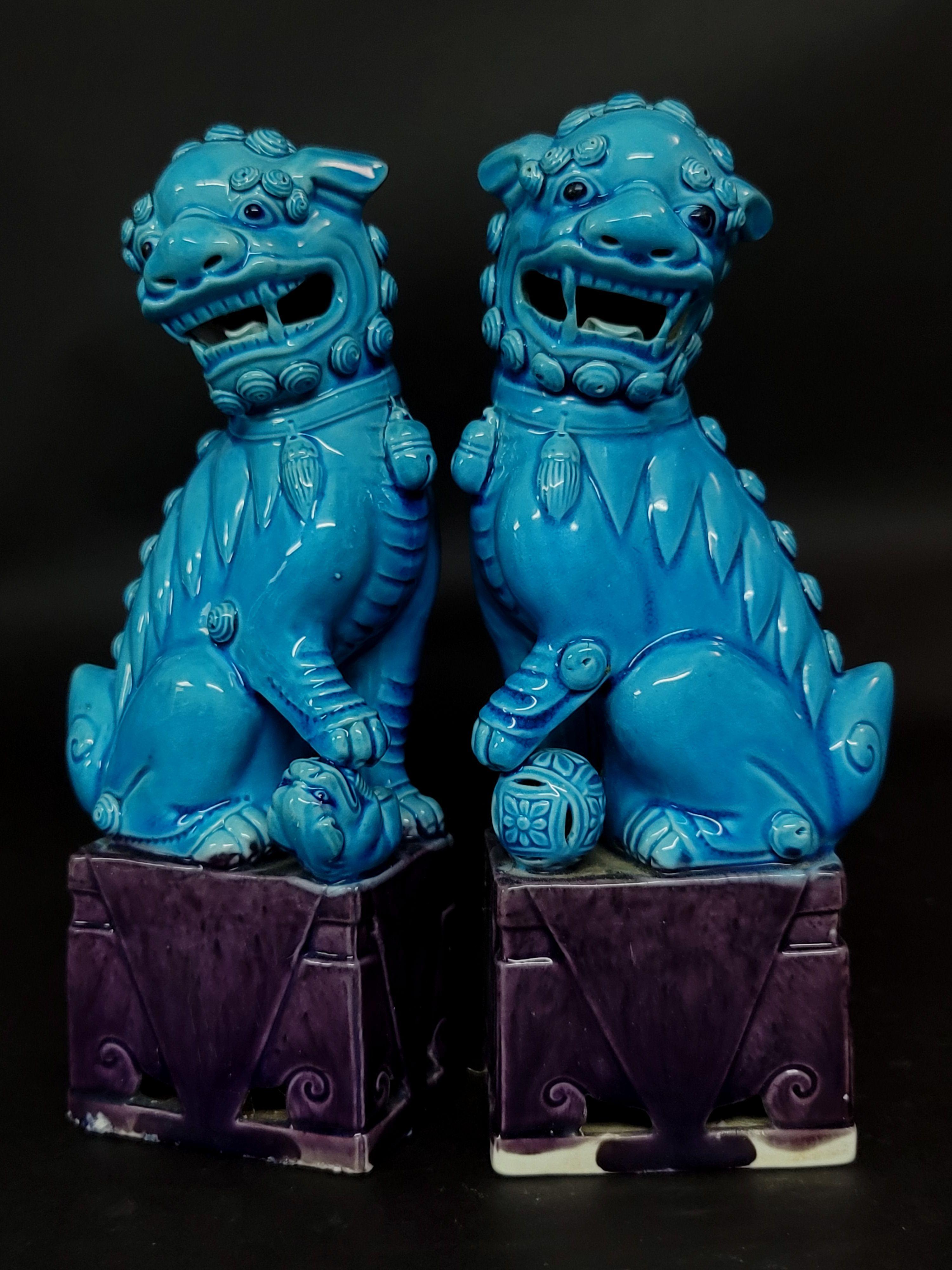 Pair of Chinese Turquoise Glazed Porcelain Mounted Foo Dogs #2 10