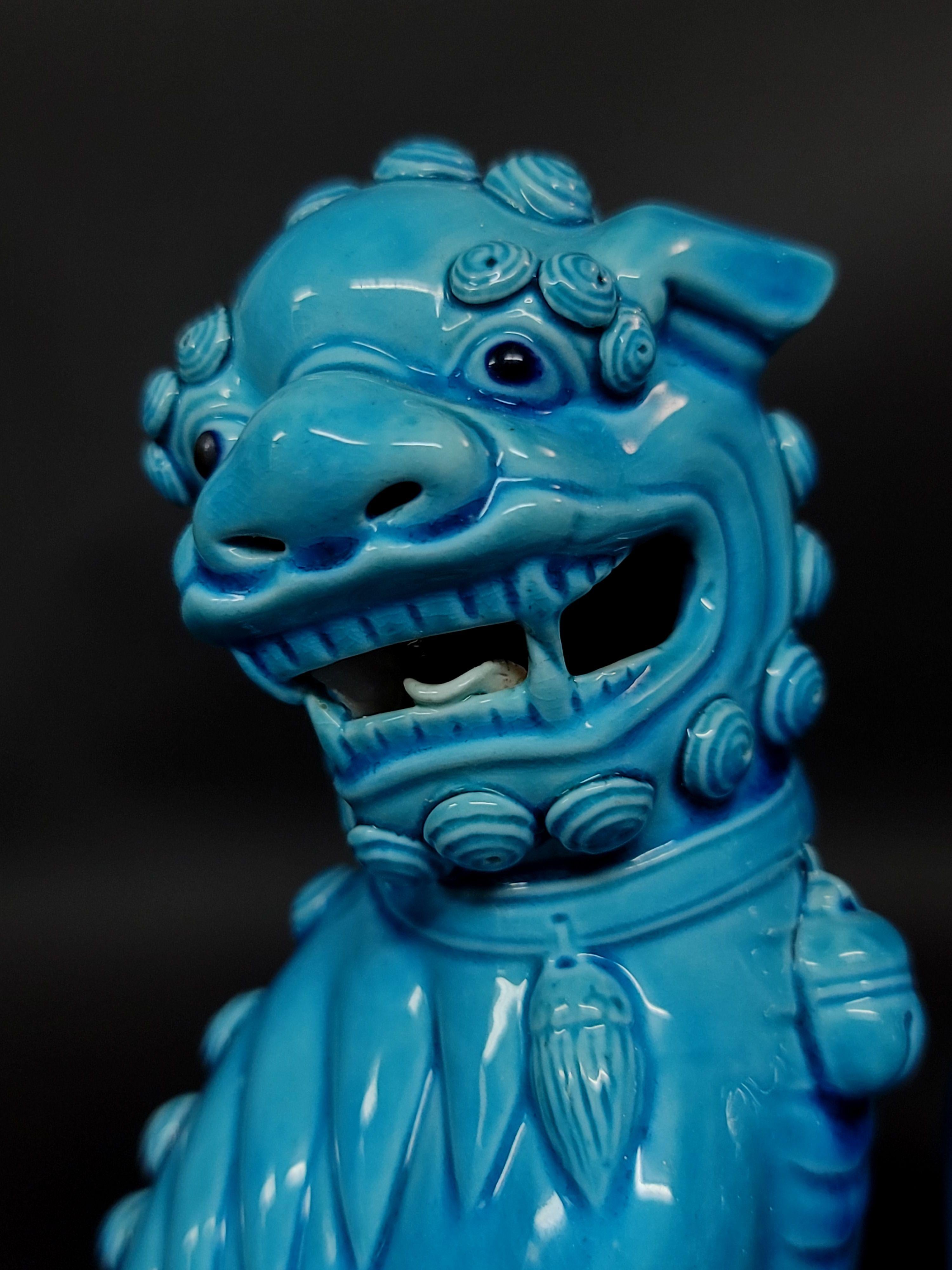 Pair of Chinese Turquoise Glazed Porcelain Mounted Foo Dogs #2 11
