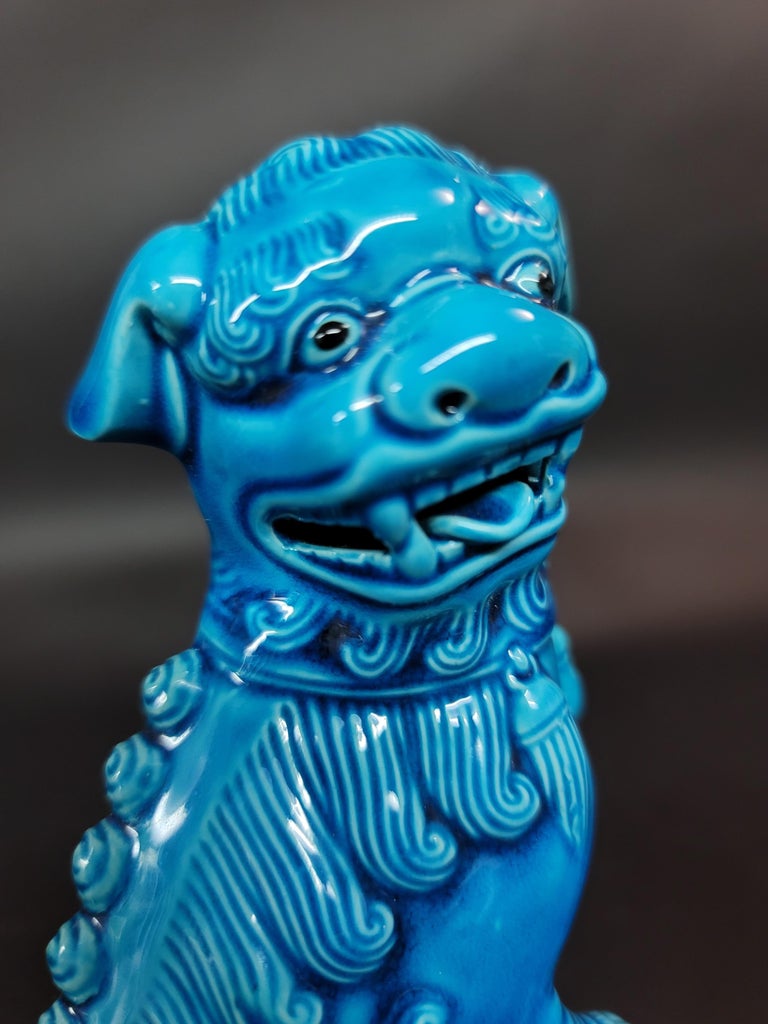 Pair of Chinese Turquoise Glazed Porcelain Mounted Foo Dogs For Sale at
