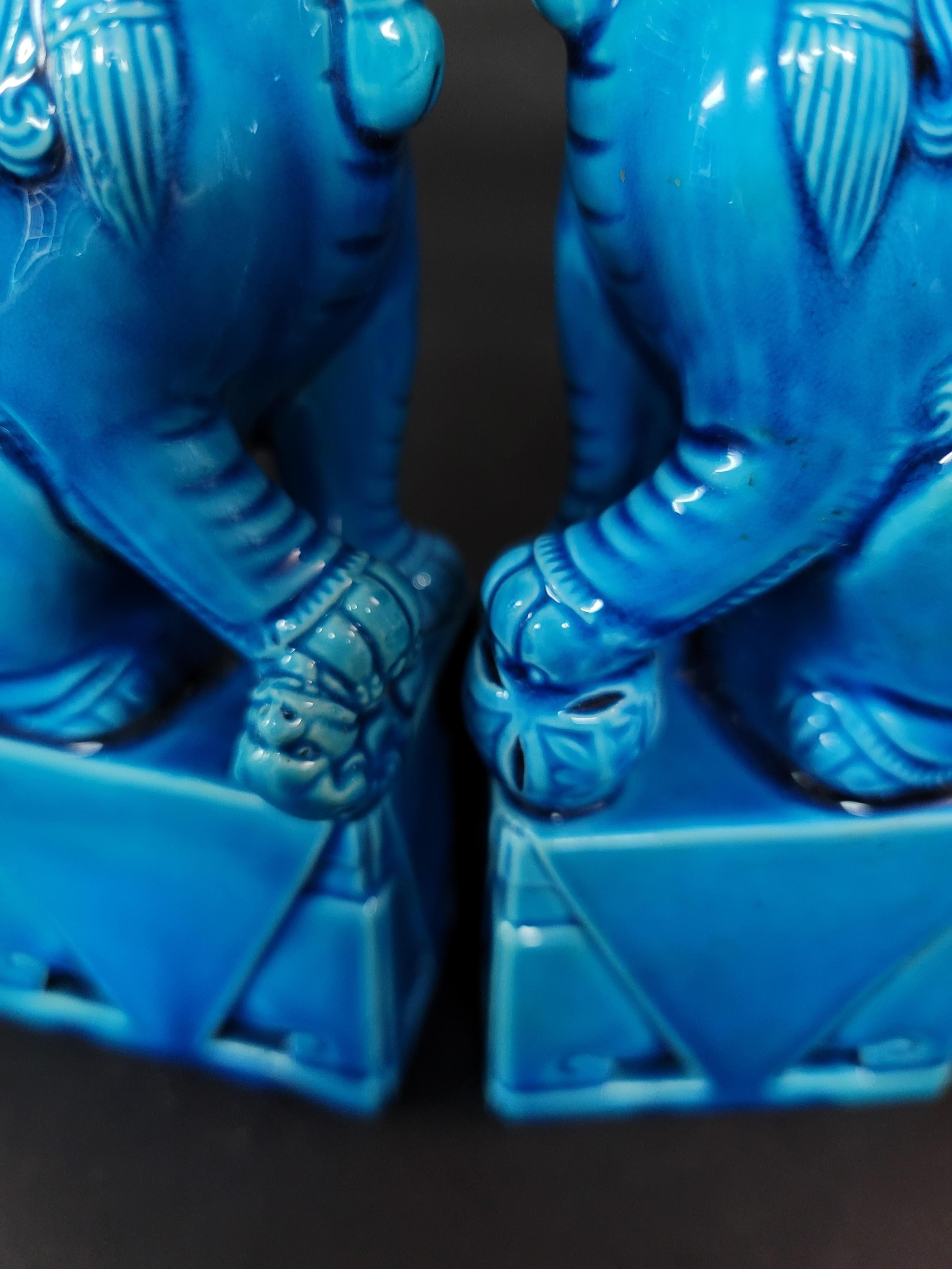 Pair of Chinese Turquoise Glazed Porcelain Mounted Foo Dogs 9