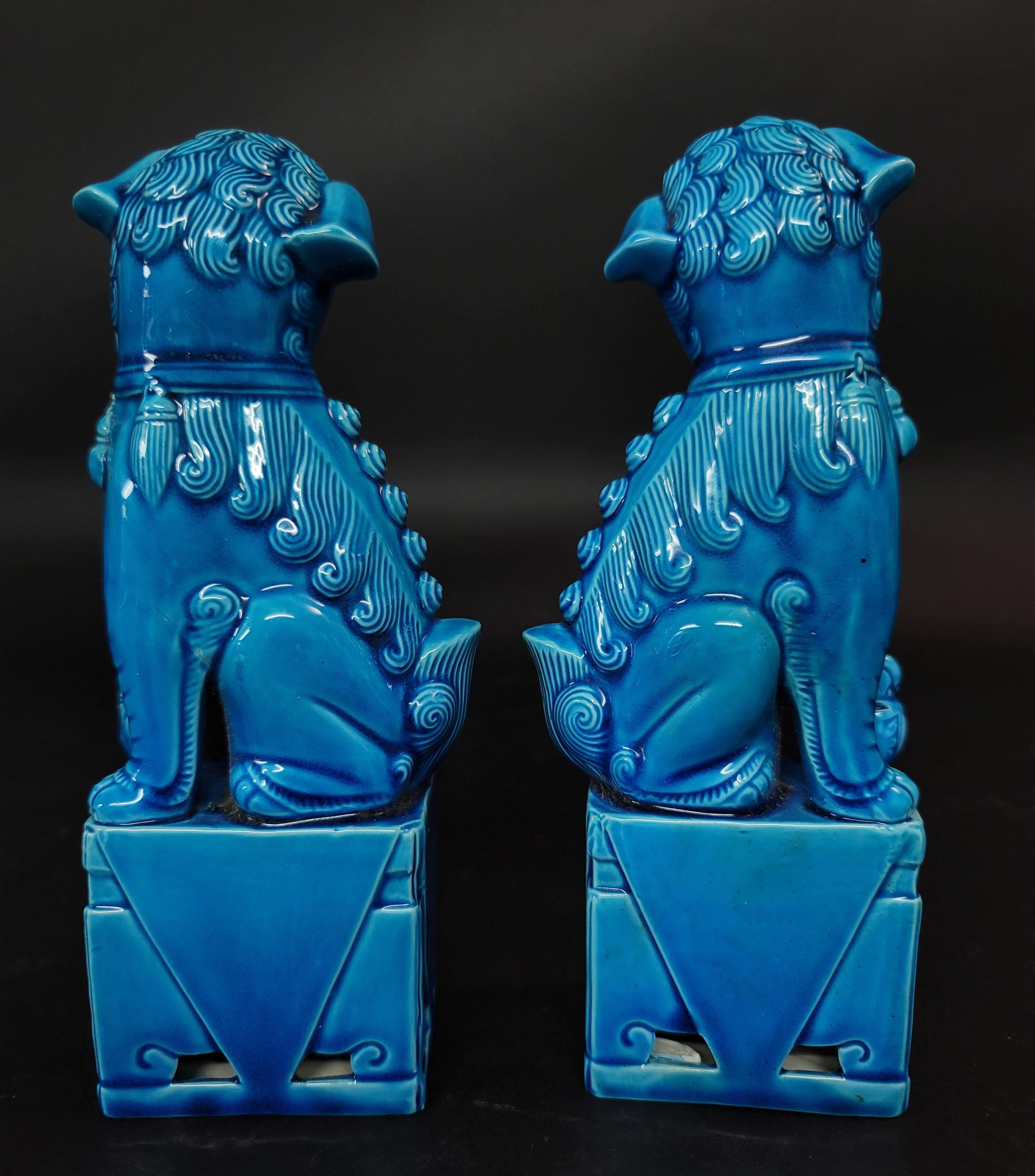 Hand-Crafted  Pair of Chinese Turquoise Glazed Porcelain Mounted Foo Dogs