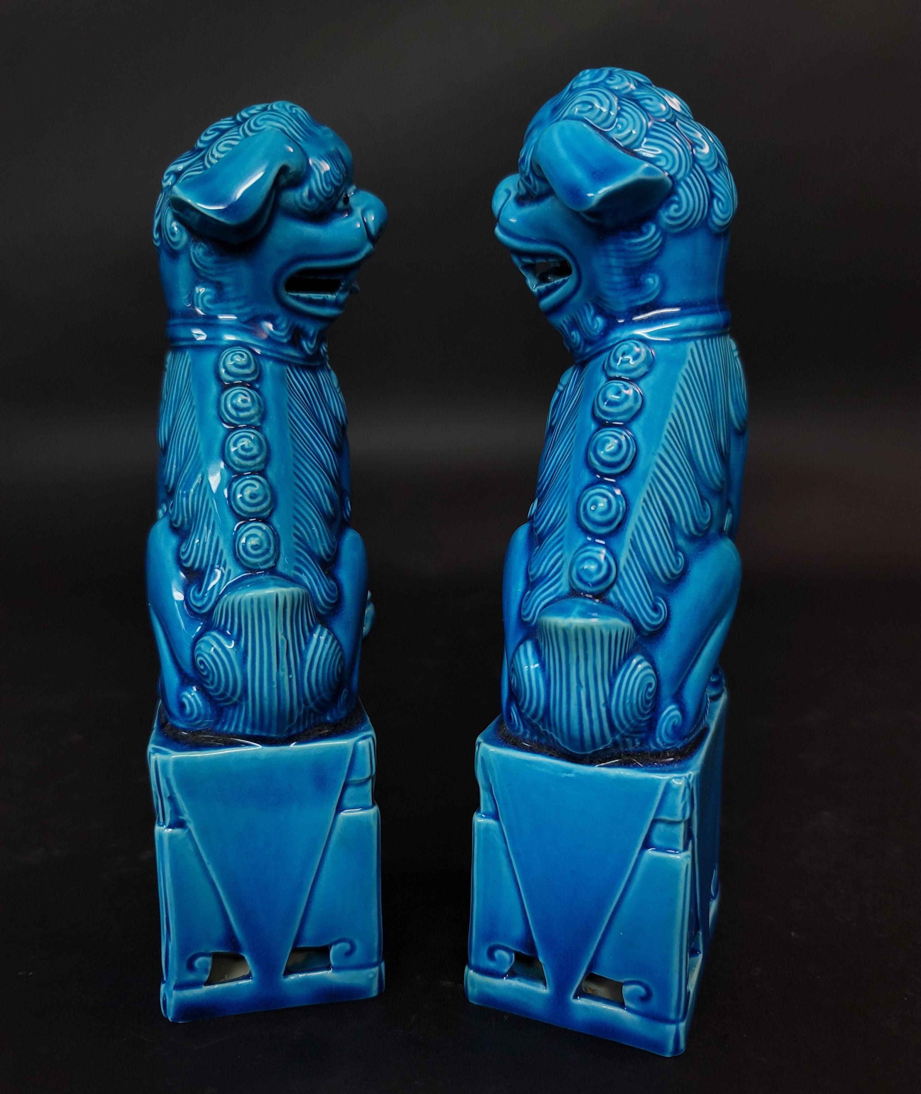  Pair of Chinese Turquoise Glazed Porcelain Mounted Foo Dogs In Excellent Condition In Norton, MA