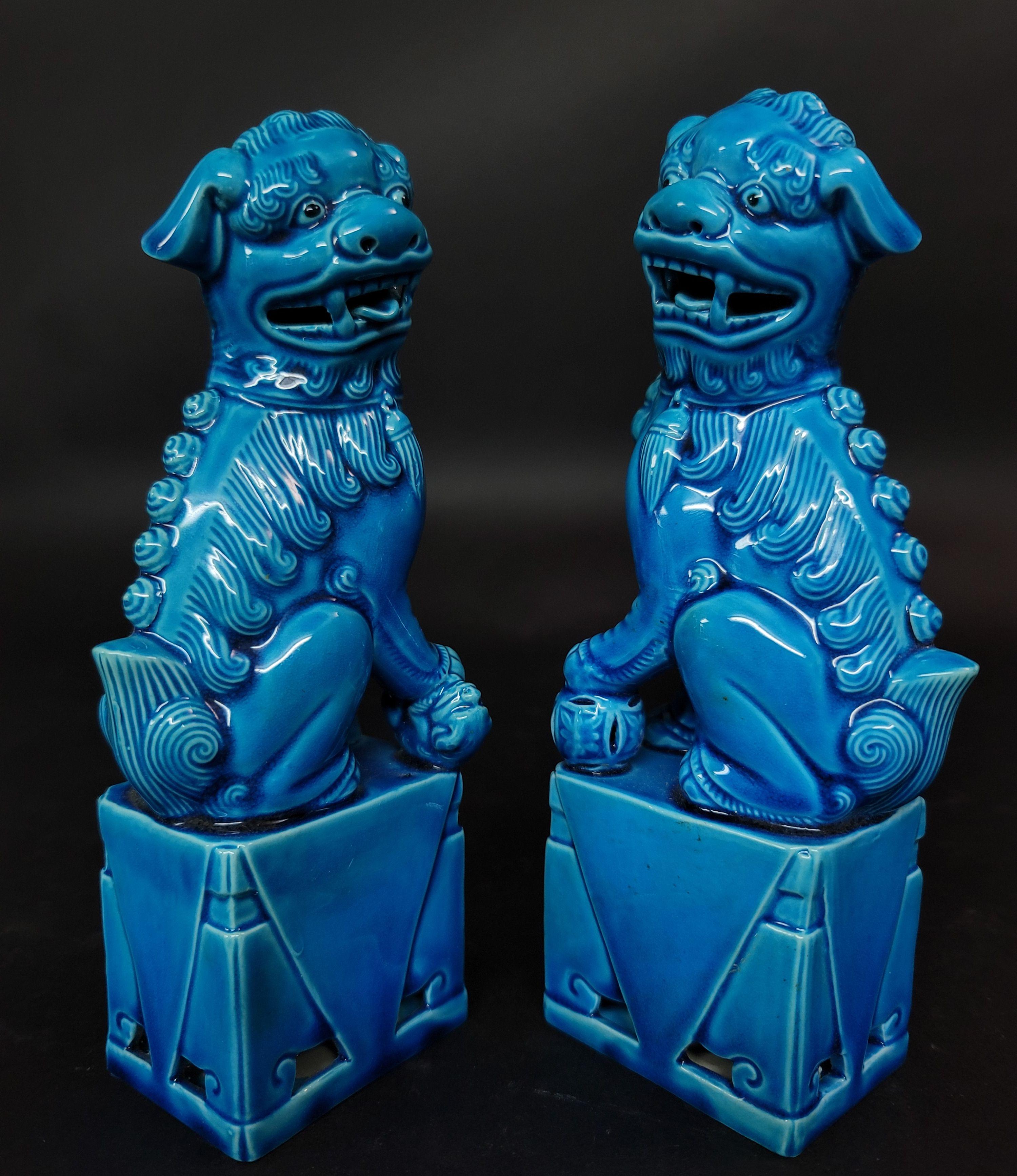 20th Century Pair of Chinese Turquoise Glazed Porcelain Mounted Foo Dogs