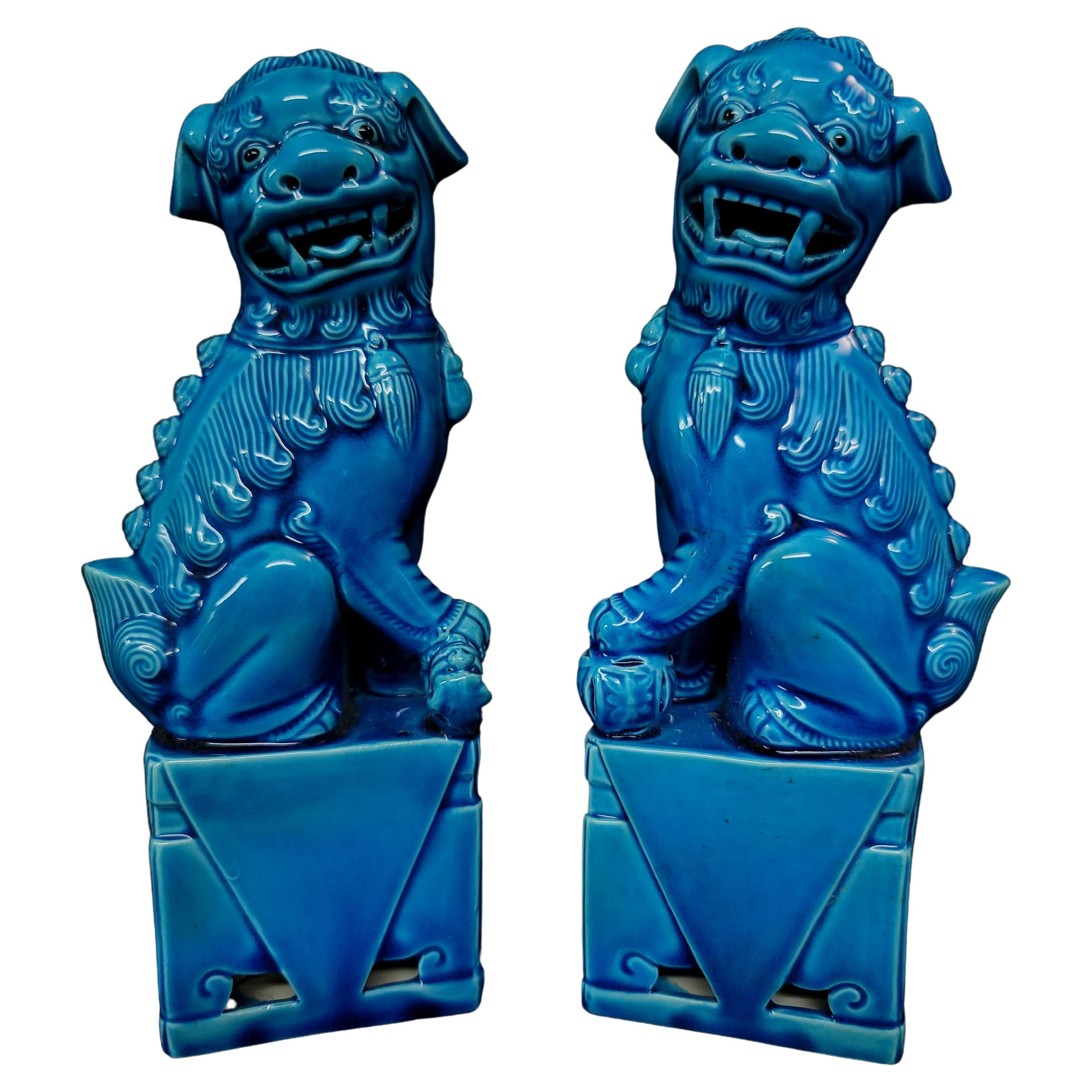  Pair of Chinese Turquoise Glazed Porcelain Mounted Foo Dogs