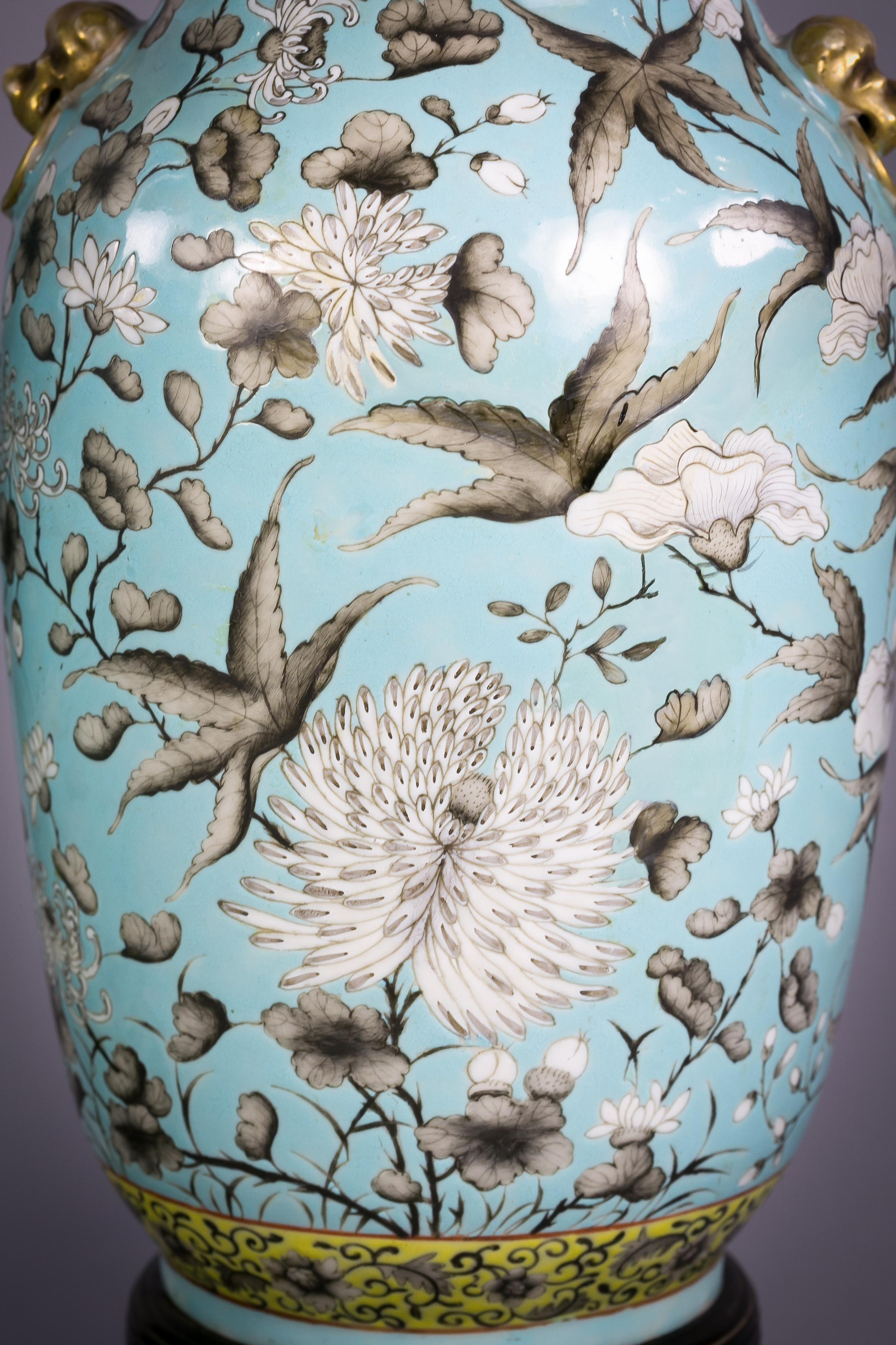 Pair of Chinese Turquoise Ground porcelain vases mounted as lamps, circa 1900

Height of vase 16.5
