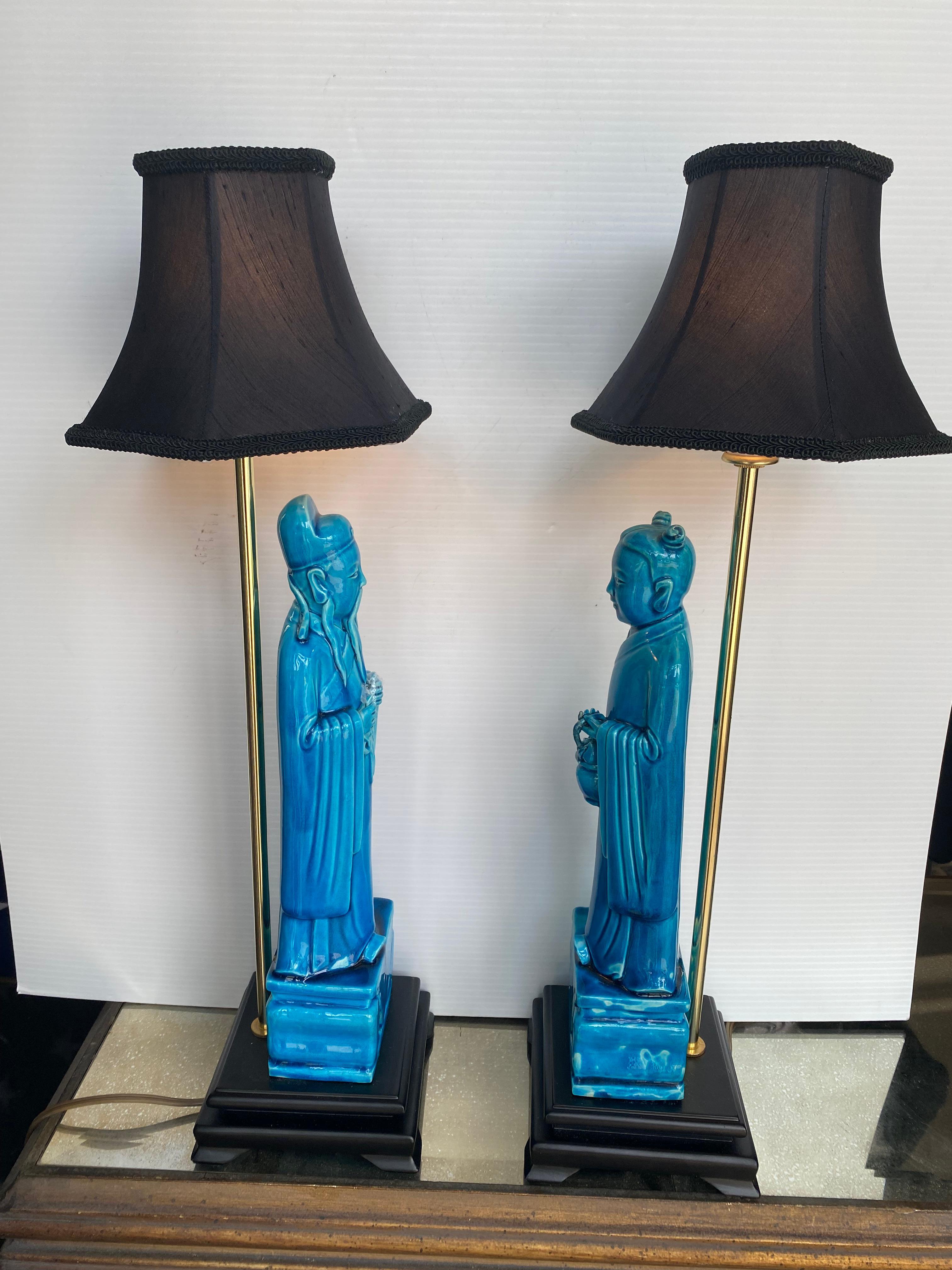 Chinese Export Pair of Chinese Turquoise Lamps Having Black Shades For Sale