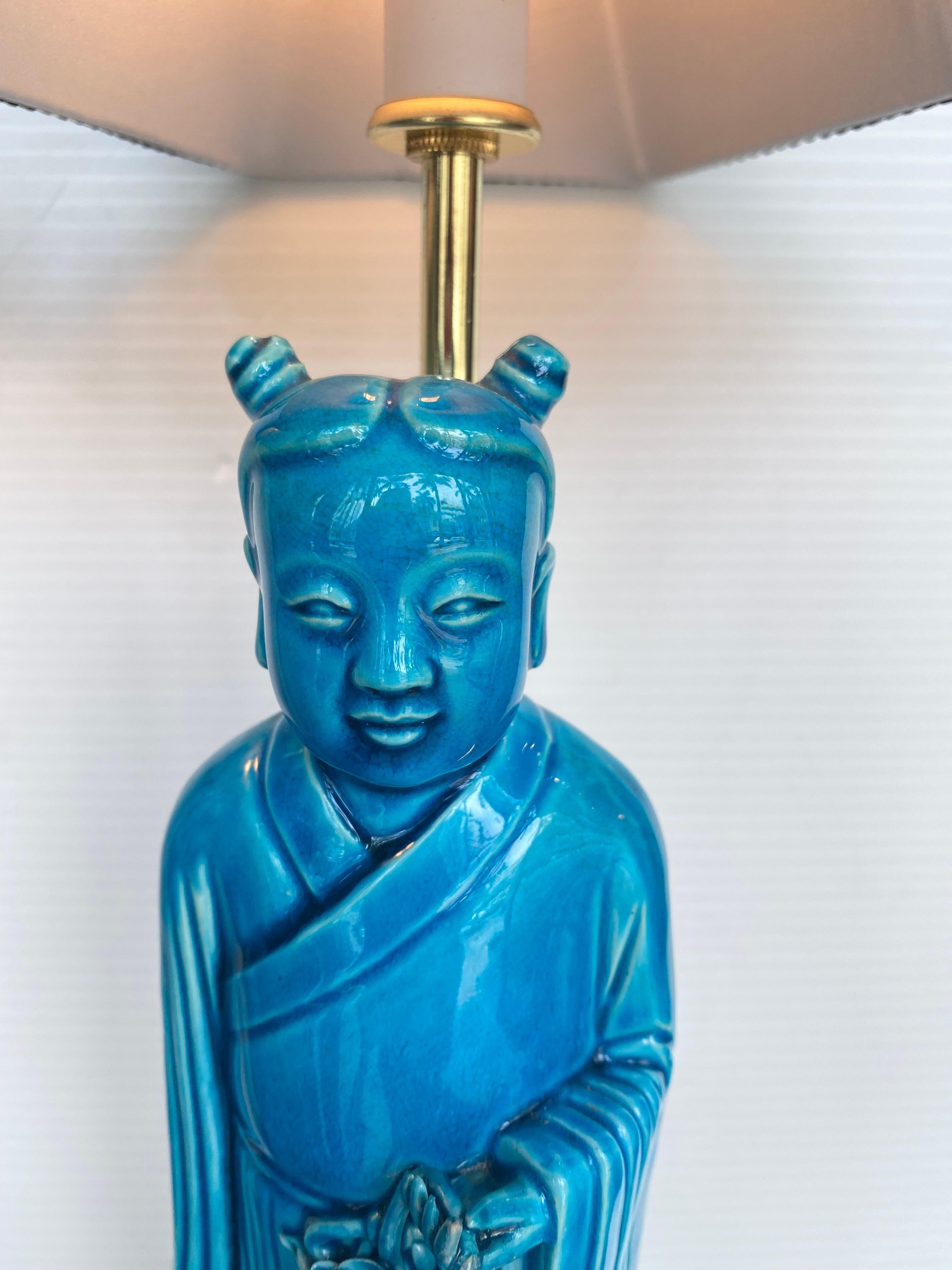 Pair of Chinese Turquoise Lamps Having Black Shades In Good Condition For Sale In Sarasota, FL