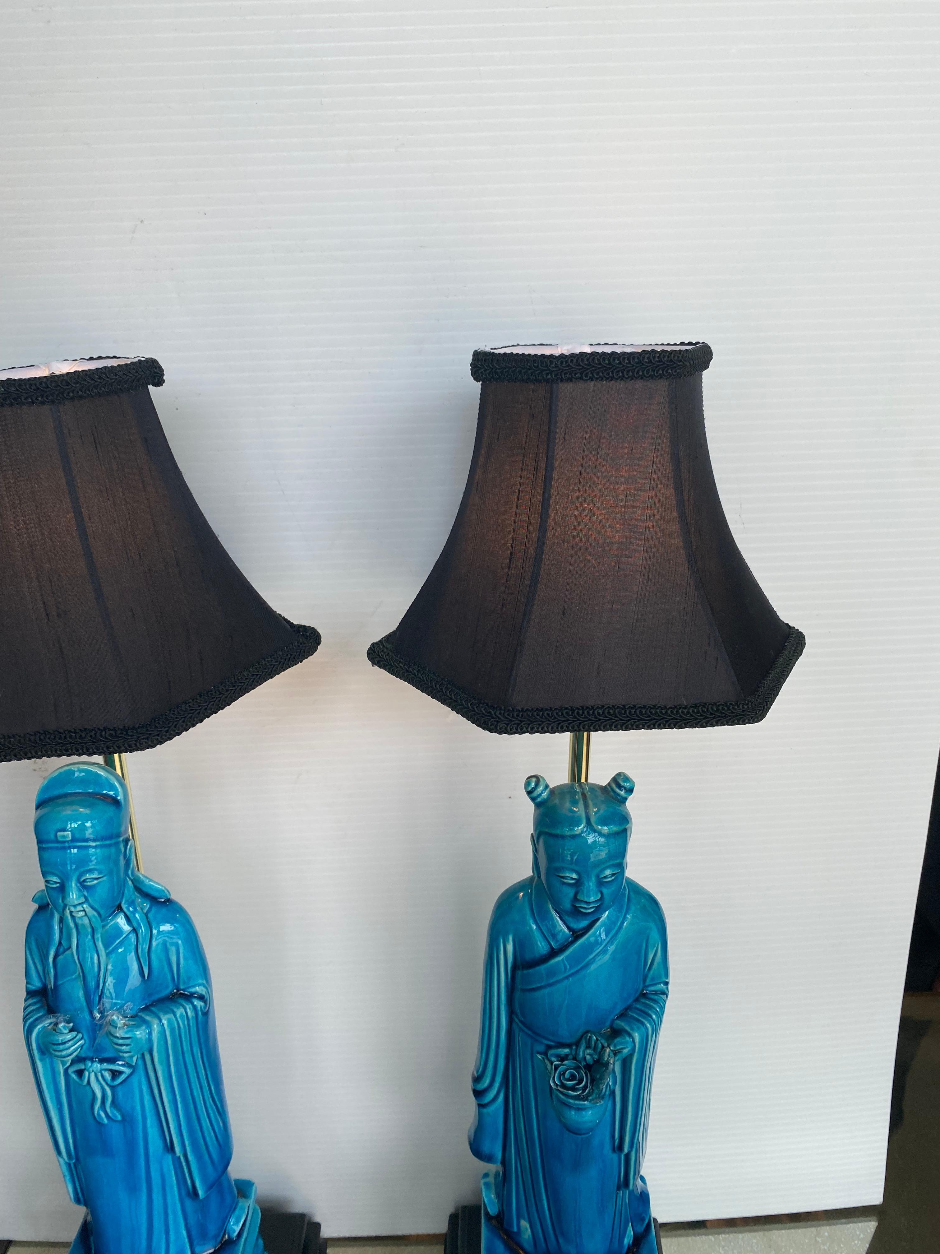 Brass Pair of Chinese Turquoise Lamps Having Black Shades For Sale