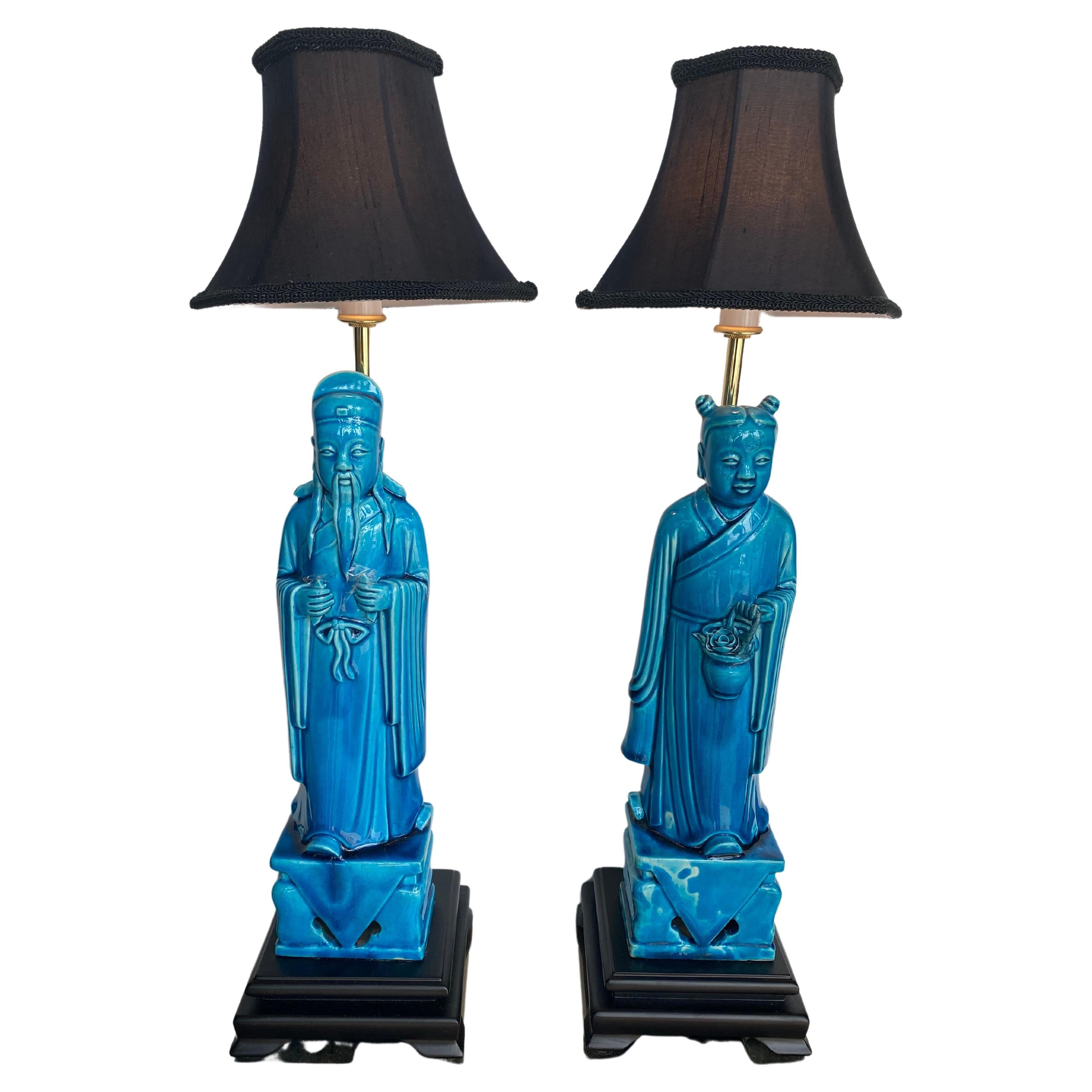 Pair of Chinese Turquoise Lamps Having Black Shades For Sale