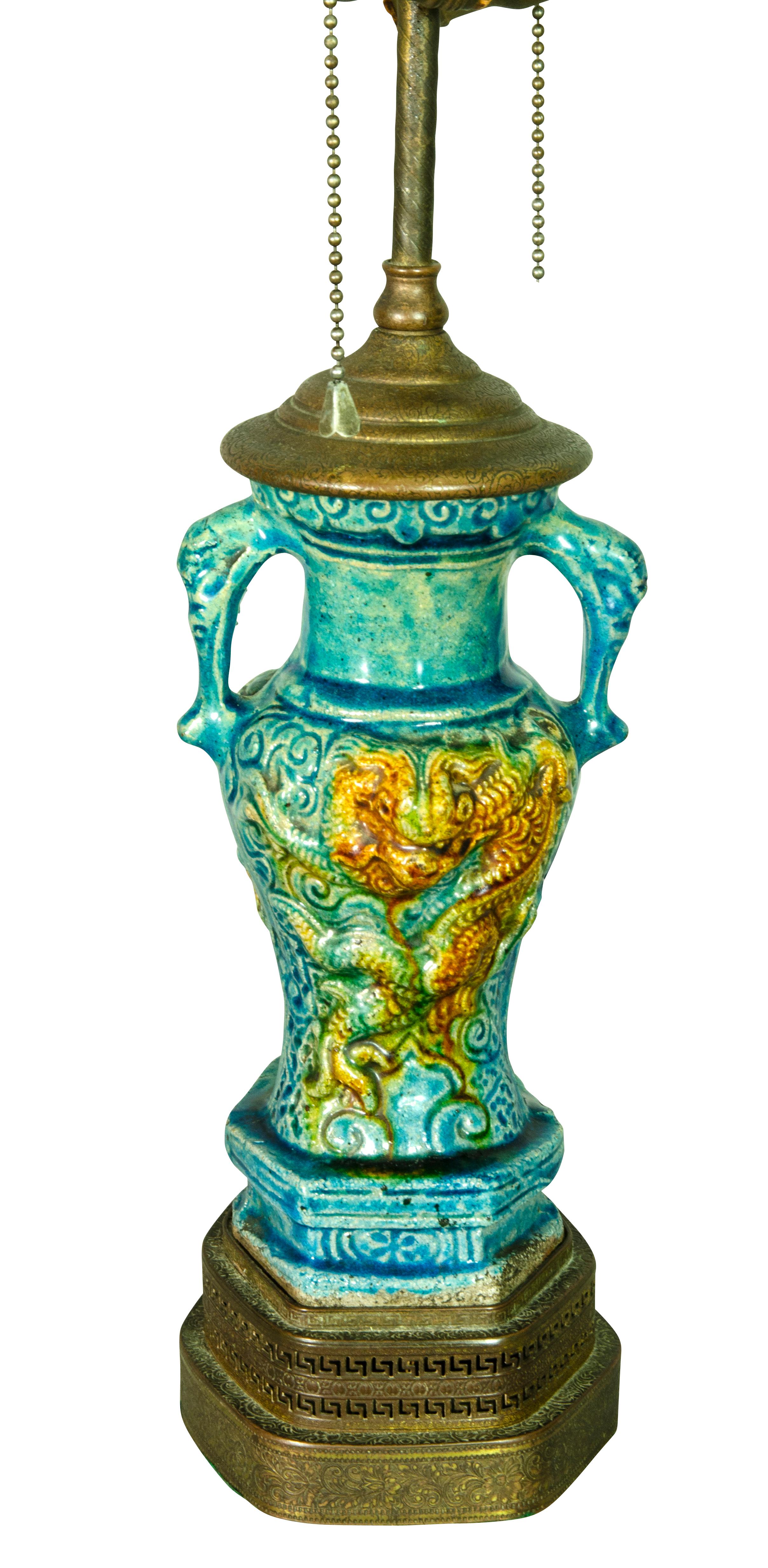 Pair of Chinese Turquoise Pottery Table Lamps 7