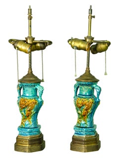 Pareja de lámparas de mesa chinas de cerámica turquesa