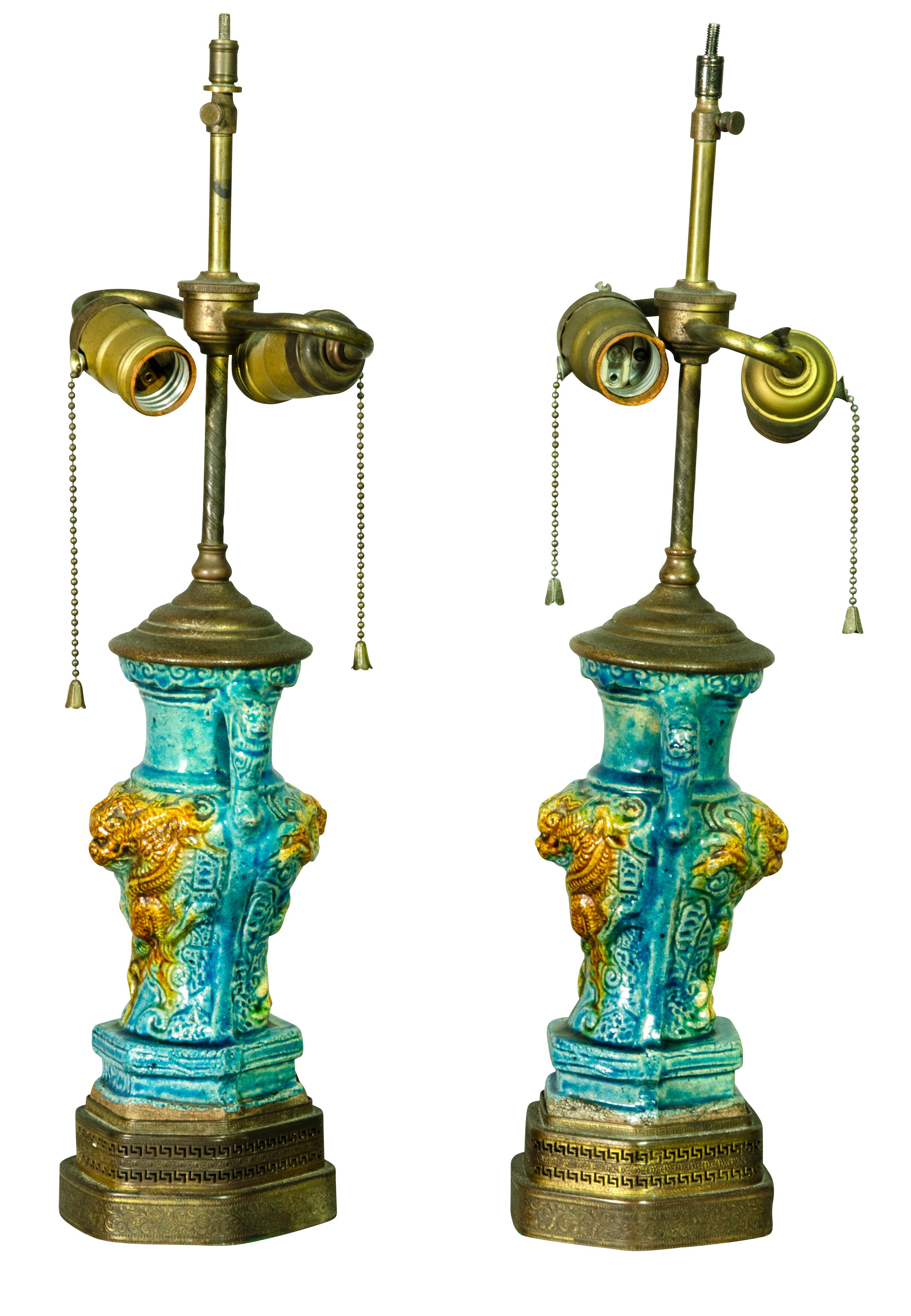 Pair of Chinese Turquoise Pottery Table Lamps In Good Condition In Essex, MA