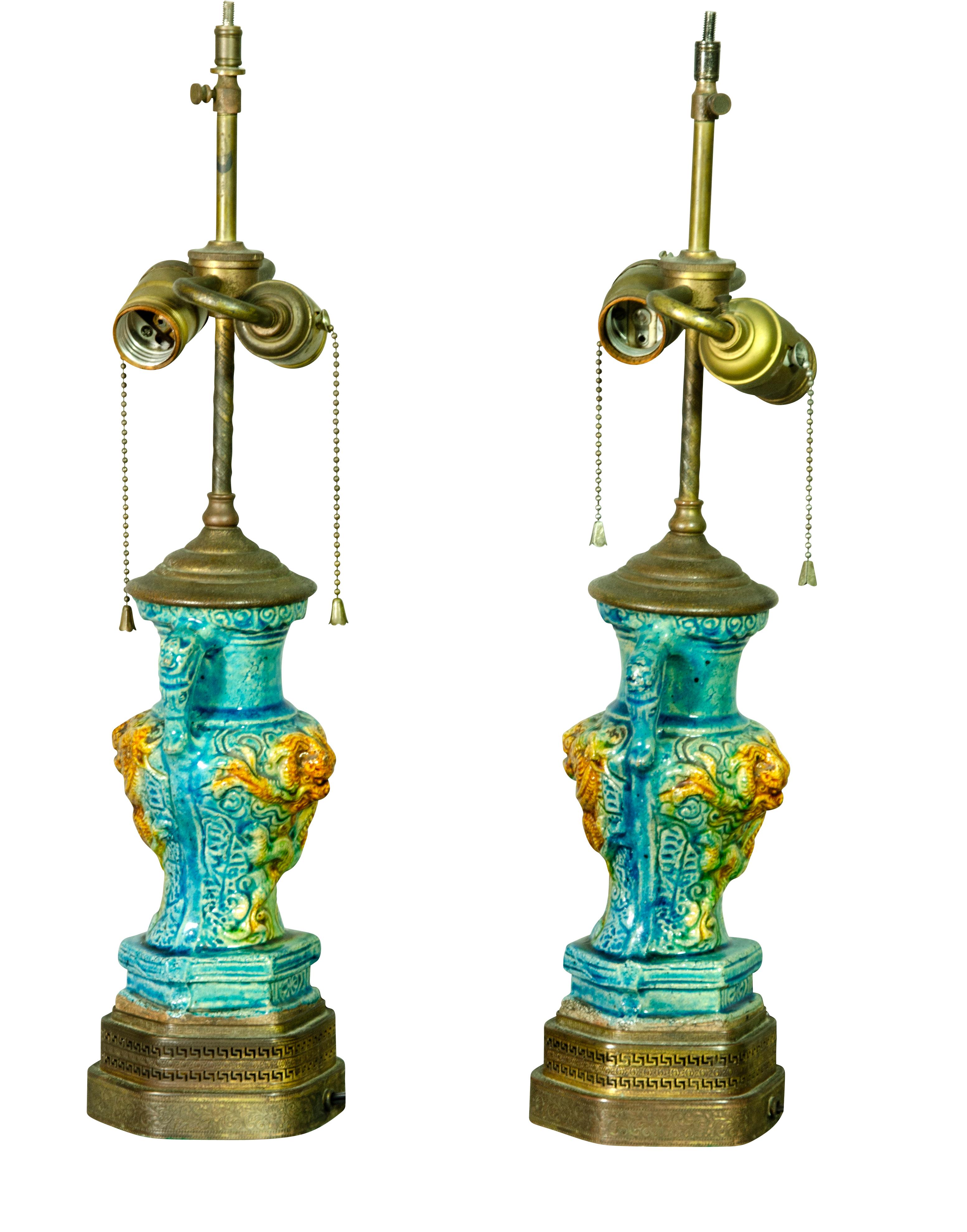 Mid-18th Century Pair of Chinese Turquoise Pottery Table Lamps