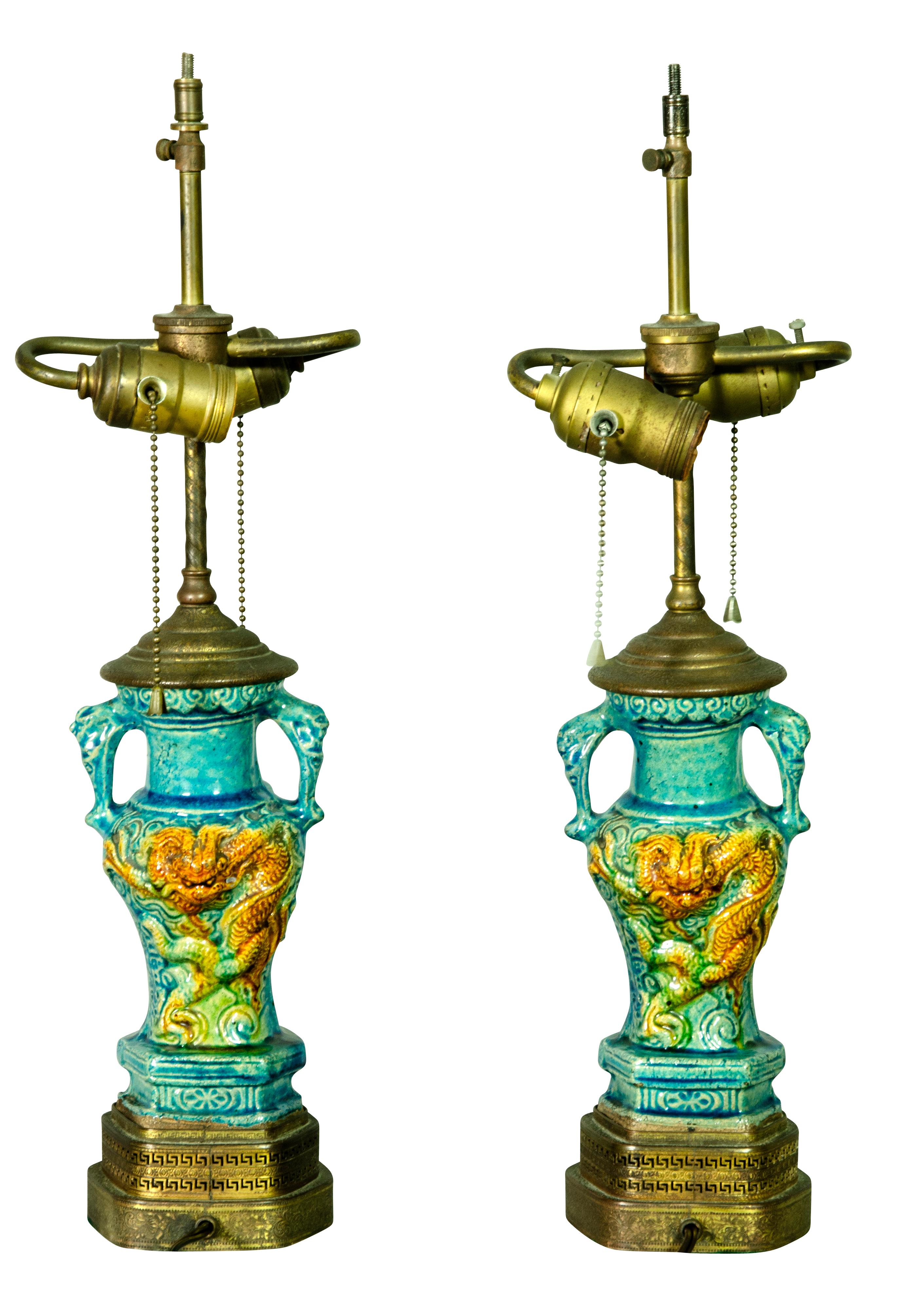 Pair of Chinese Turquoise Pottery Table Lamps 1