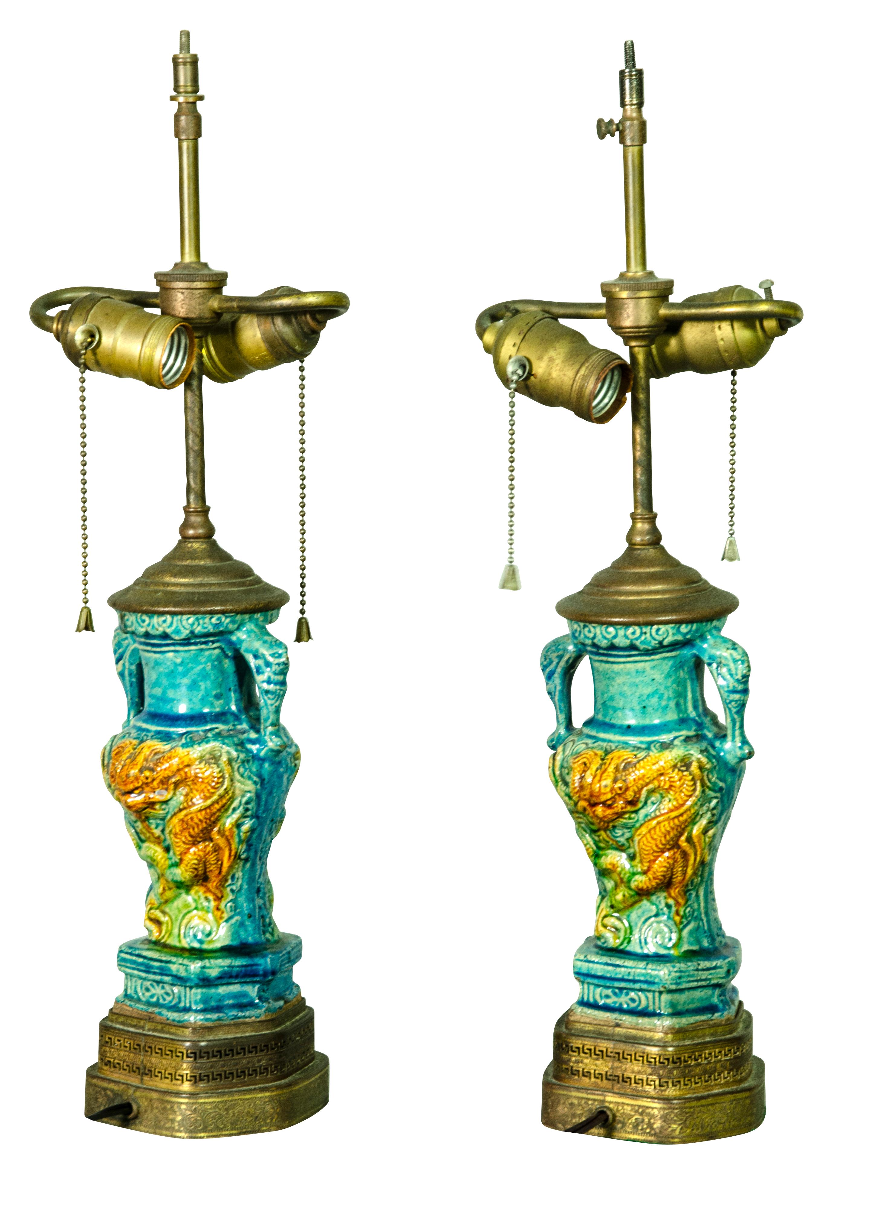 Pair of Chinese Turquoise Pottery Table Lamps 2